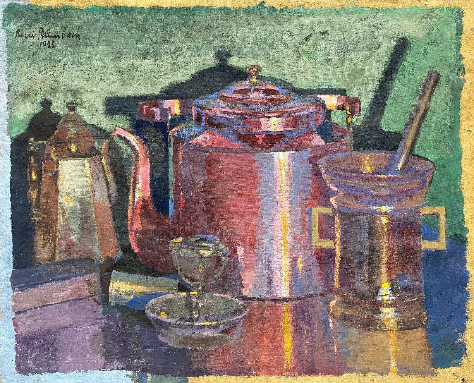 Unknown Still-Life Painting - Still life with tea-pot by René Aumbach - Oil on canvas 53x66 cm