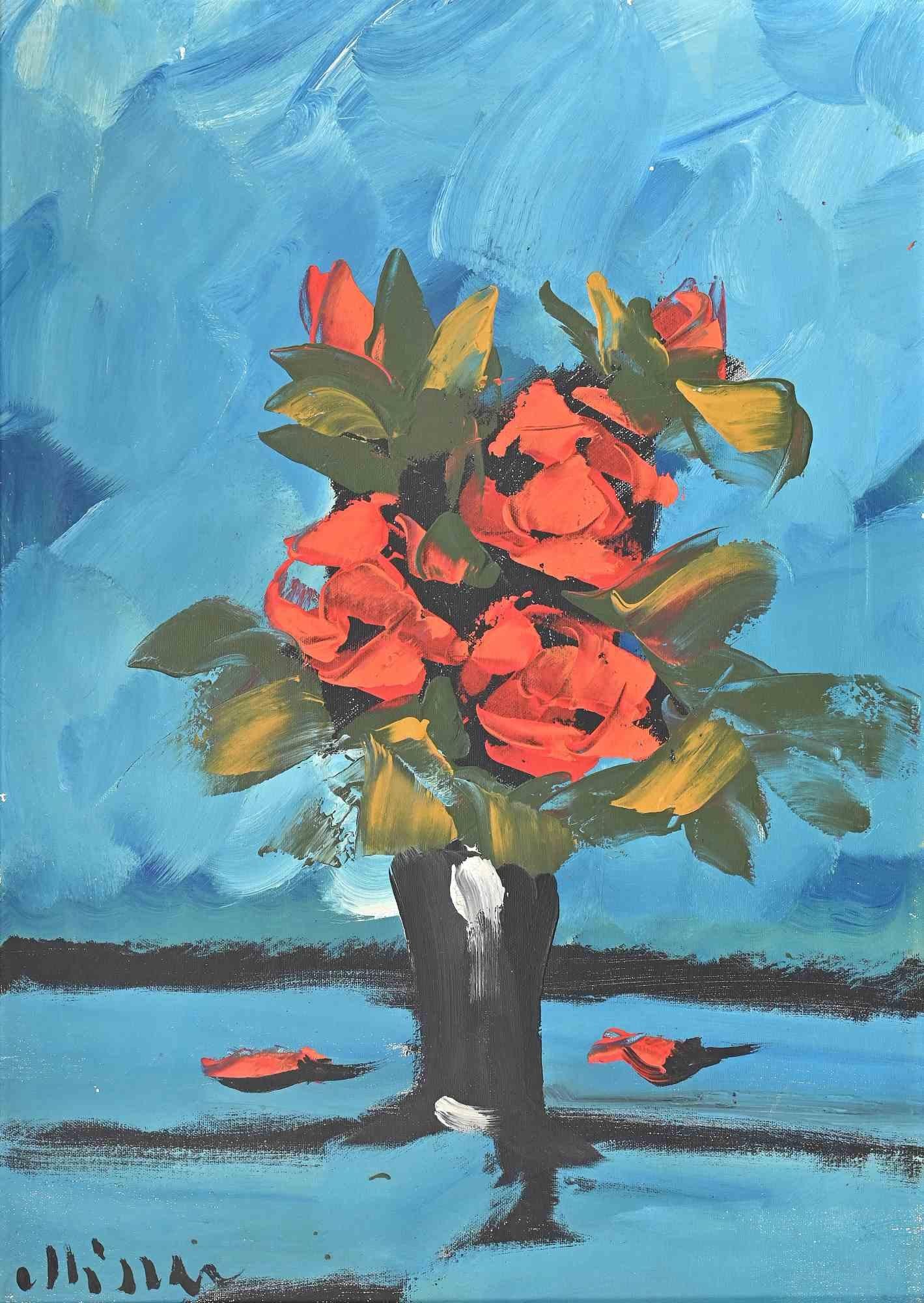 Still Life with Vase of Flowers - Oil Paint - 1970s - Contemporary Painting by Unknown