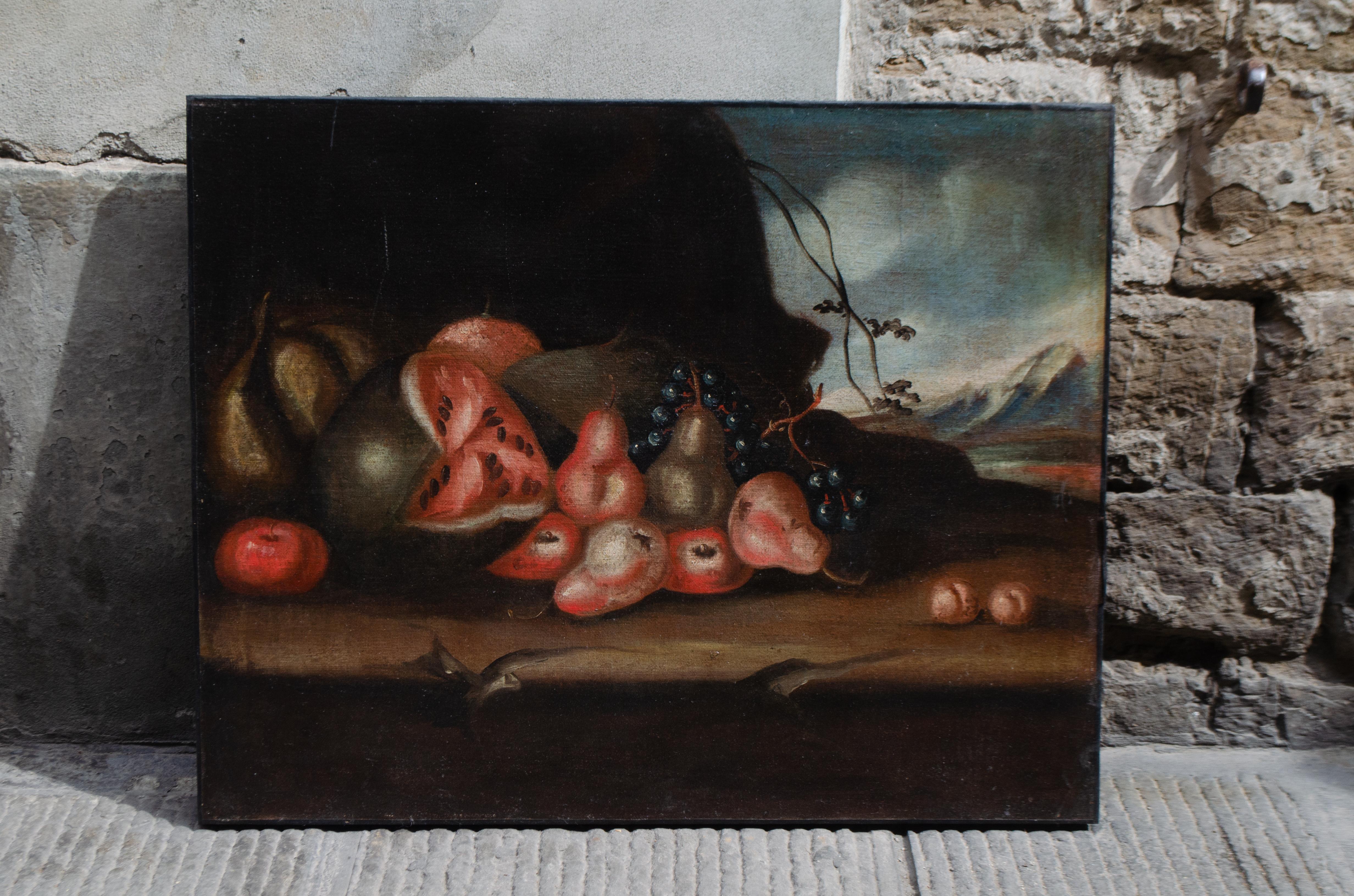 Still Life With Watermelon, Pears, And Grapes. Lombard School Of The 17th-18th C - Painting by Unknown