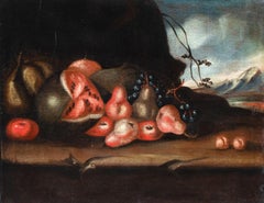 Antique Still Life With Watermelon, Pears, And Grapes. Lombard School Of The 17th-18th C