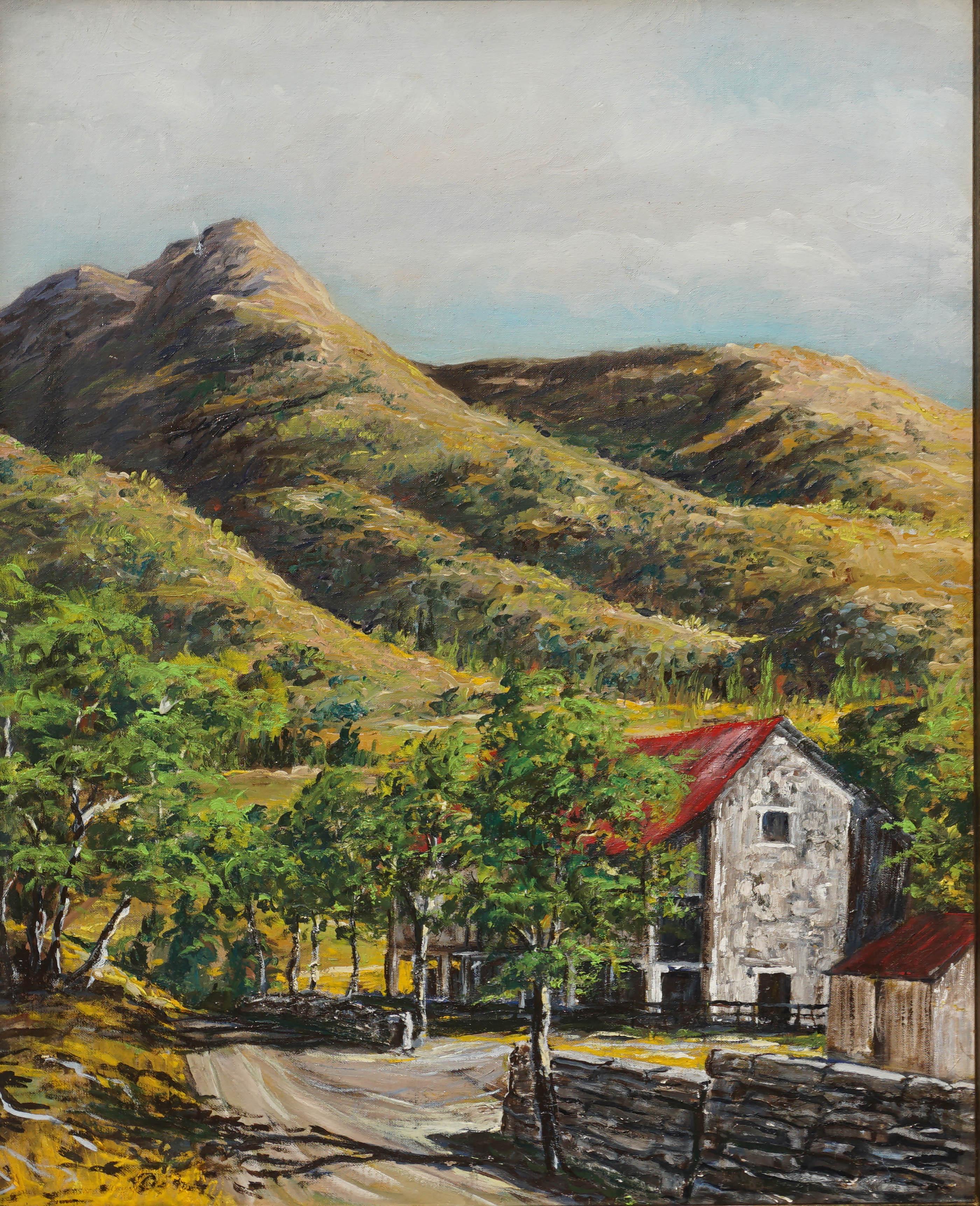  Stone Barn in Foothills, Mid Century Pastoral Landscape - Painting by Unknown