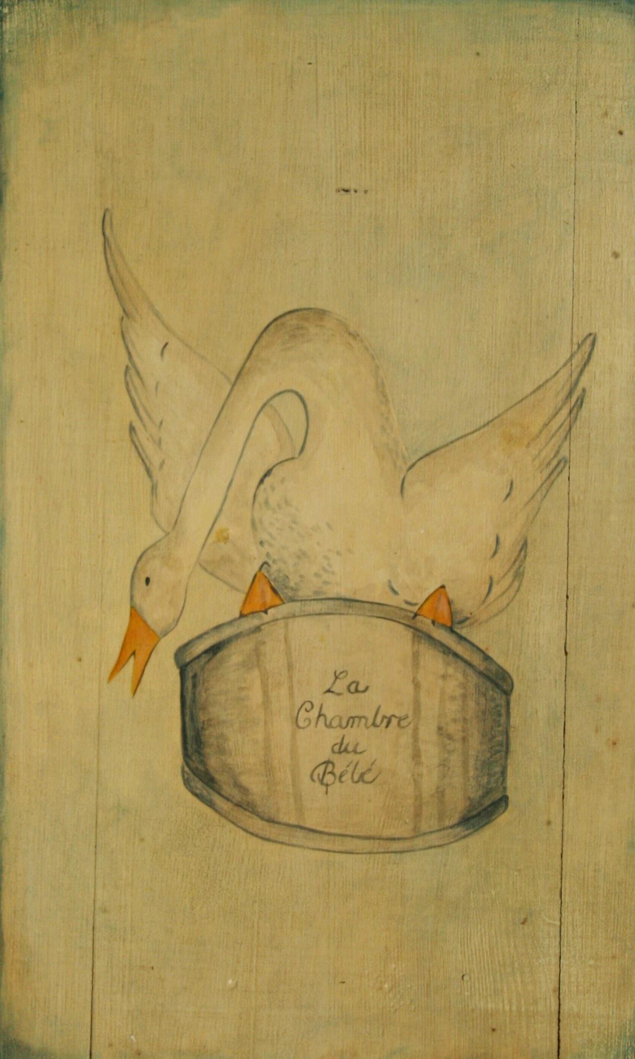 Vintage Impressionist Stork Oil Painting on Wood Panel :La Chambre du Bebe