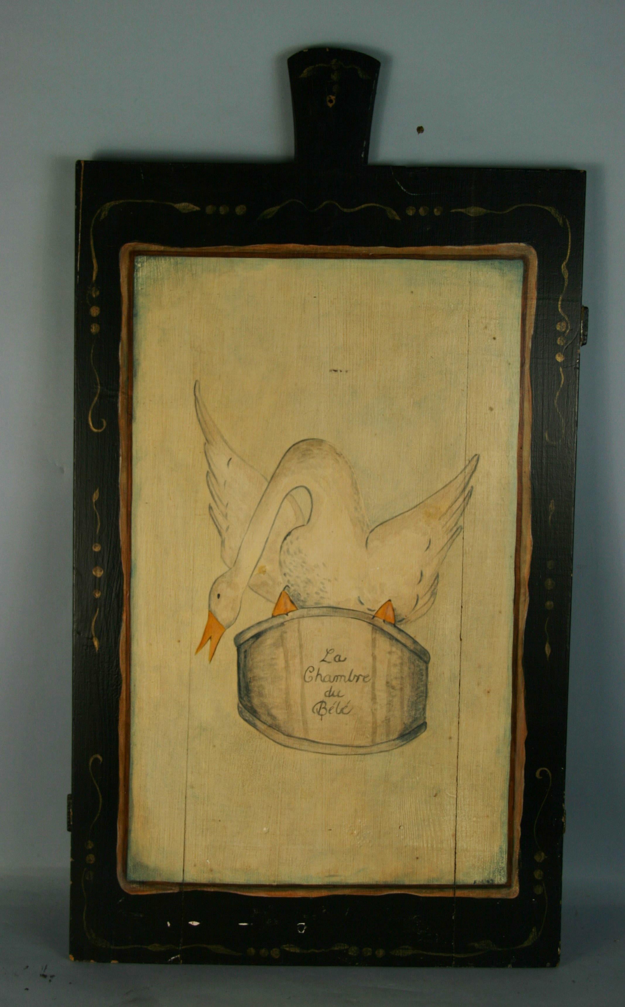 Unknown Animal Painting - Vintage Impressionist Stork Oil Painting on Wood Panel :La Chambre du Bebe"