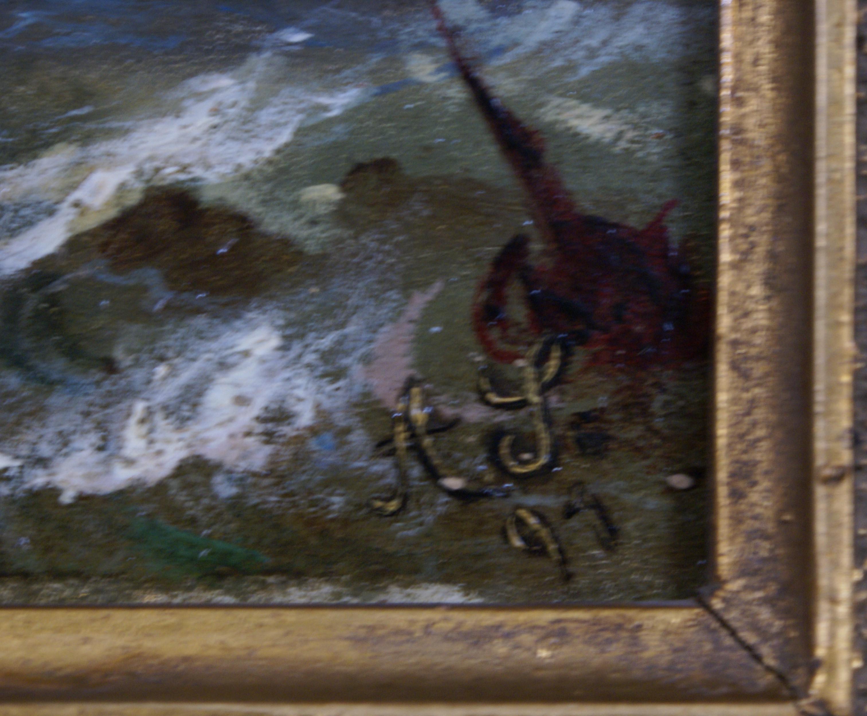 Oil on board of a grounded ship in tumultuous waters; housed in an ornate frame. Measurements of board are 8 1/2 x 10 1/2; frame measures 15 x 17 x 2 1/2. Monogram of artist reads 