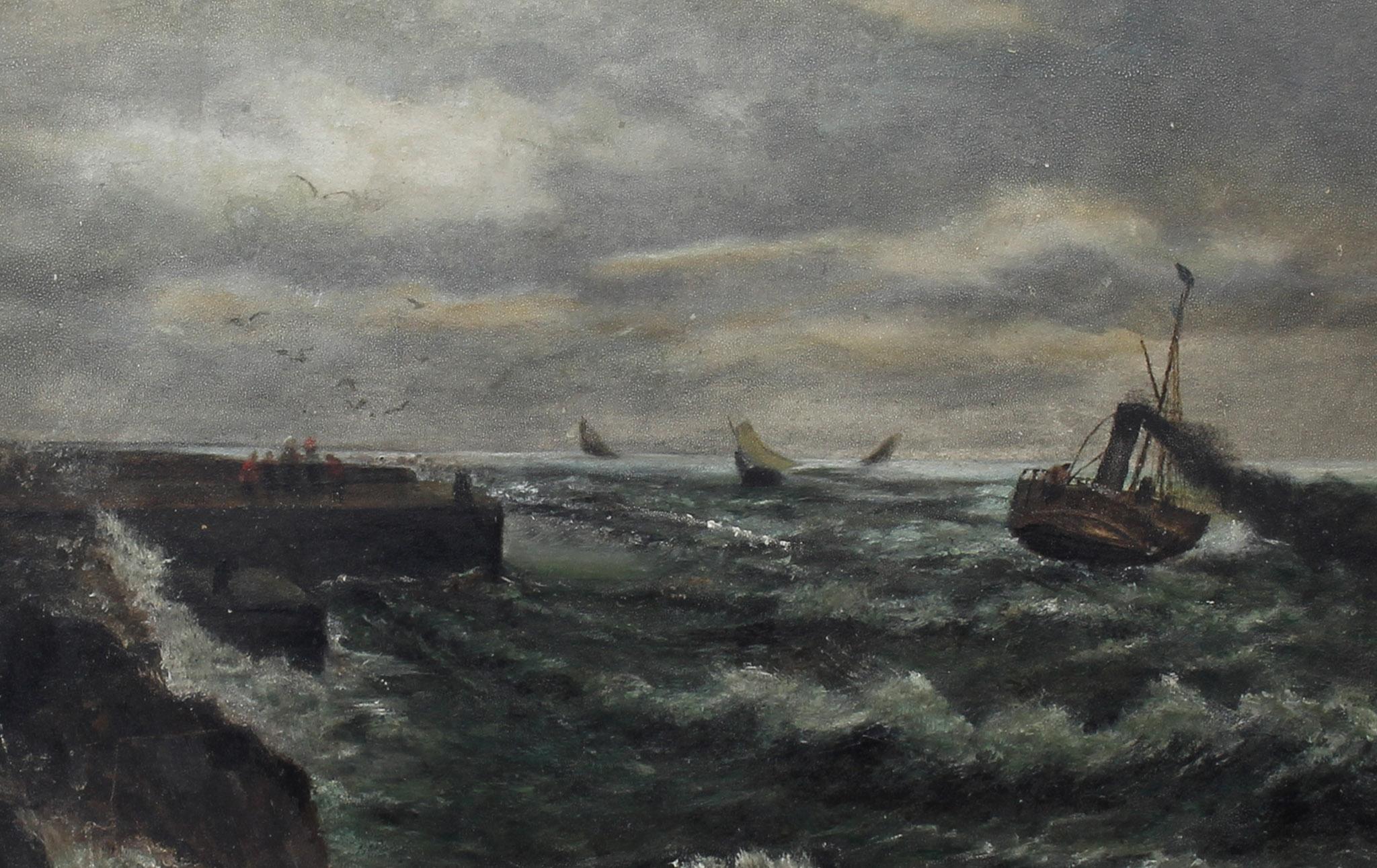 Stormy Day at Sea Tugboat Heading for Home - Realist Painting by Unknown
