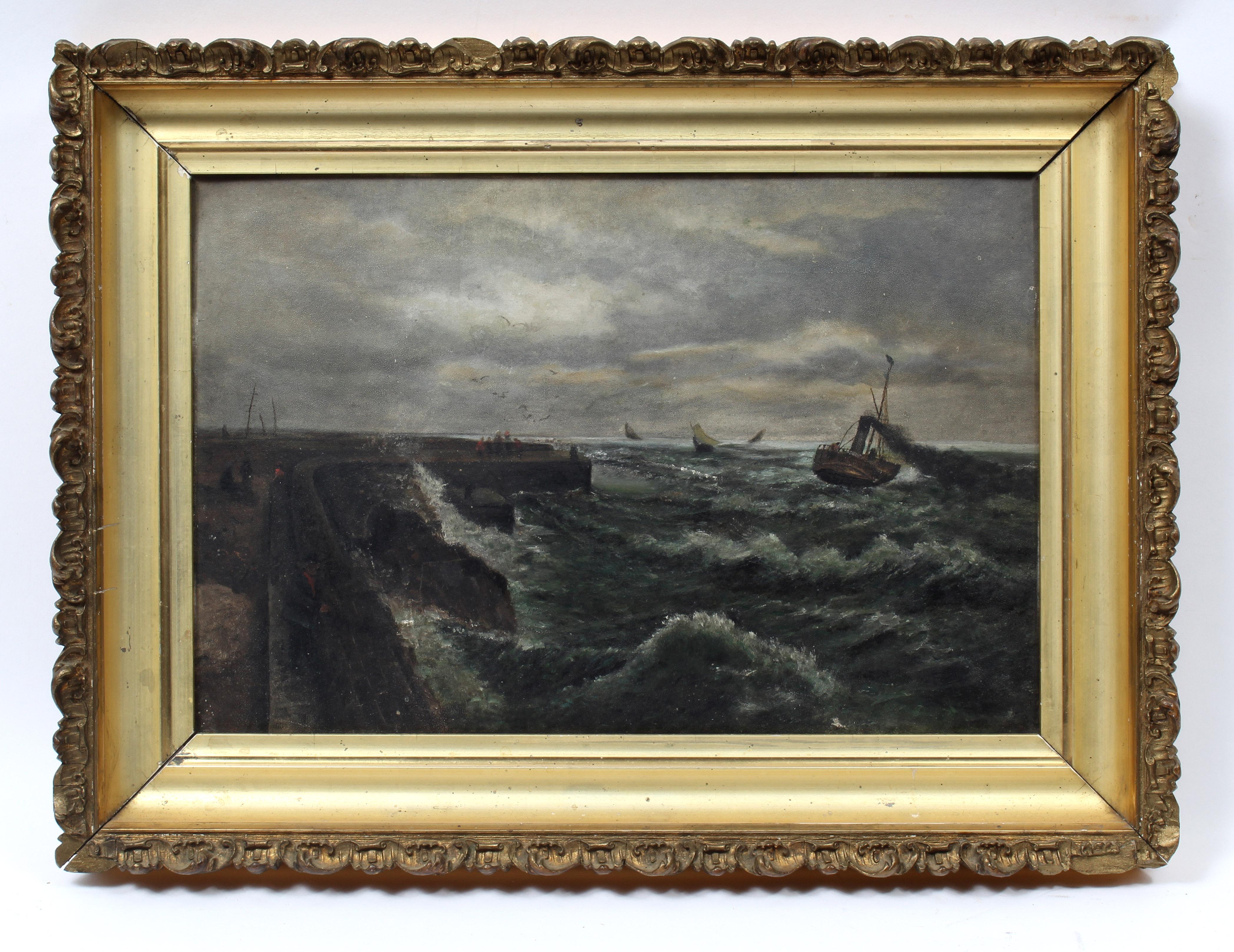 Unknown Landscape Painting - Stormy Day at Sea Tugboat Heading for Home