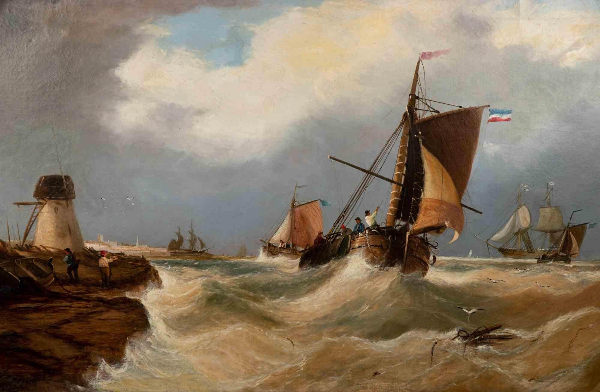 Peinture à l'huile sur toile multicolore « Stormy Sea », milieu du XIXe siècle - Painting de Unknown