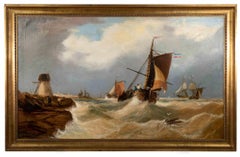 Peinture à l'huile sur toile multicolore « Stormy Sea », milieu du XIXe siècle