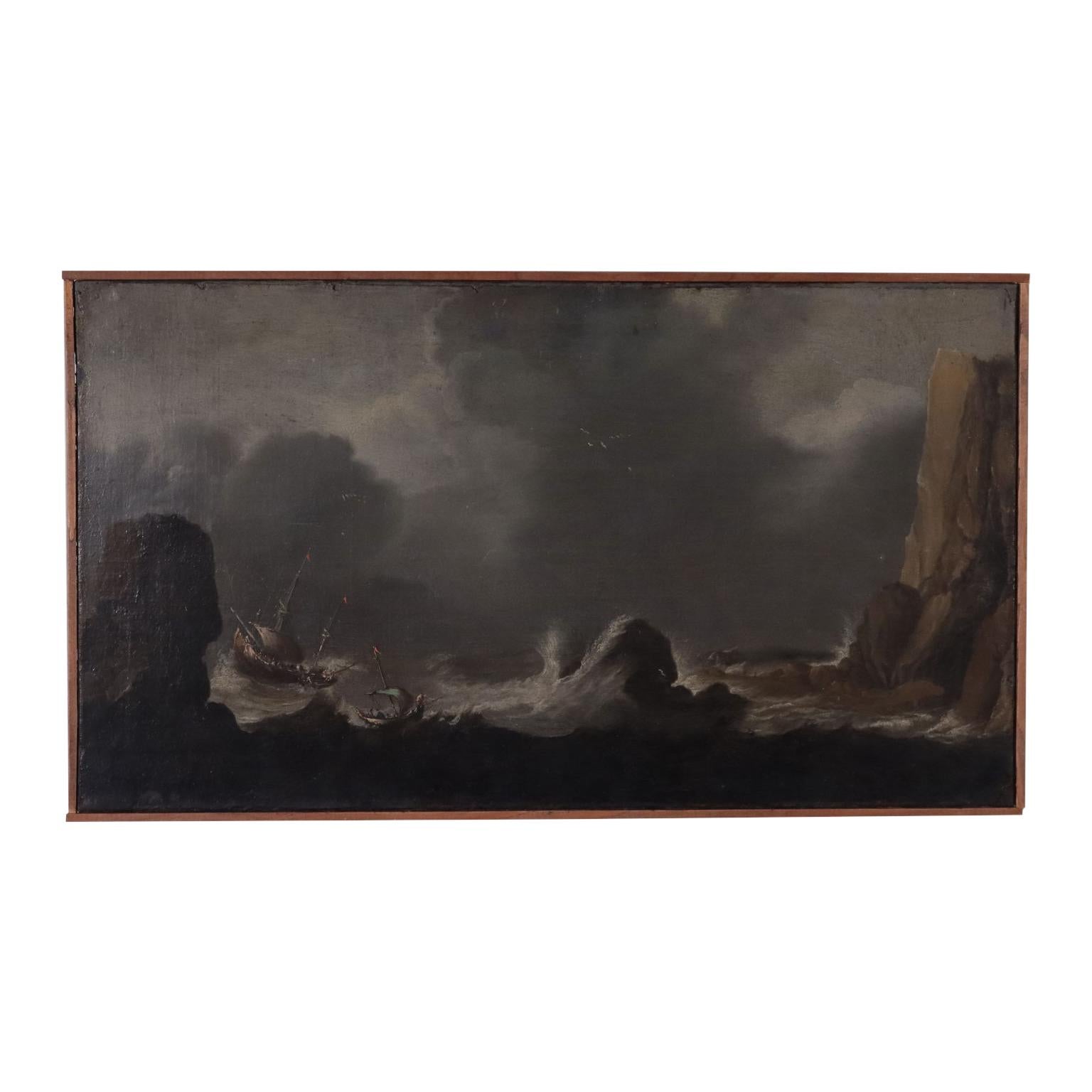 Unknown Landscape Painting - Stormy Sea Oil on Canvas 18th Century