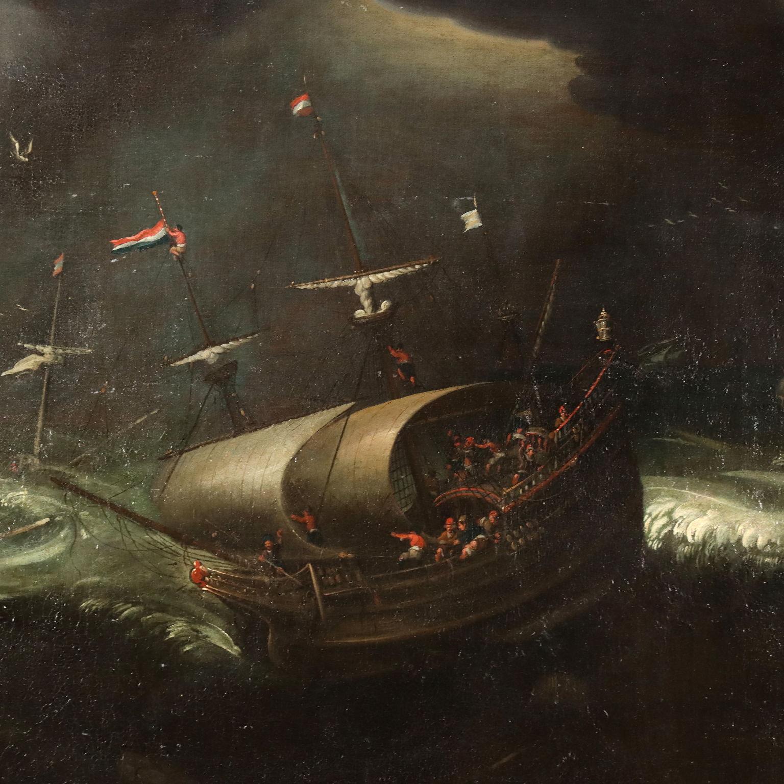Stormy Sea Oil on Canvas Flemish School XVII Century For Sale 1