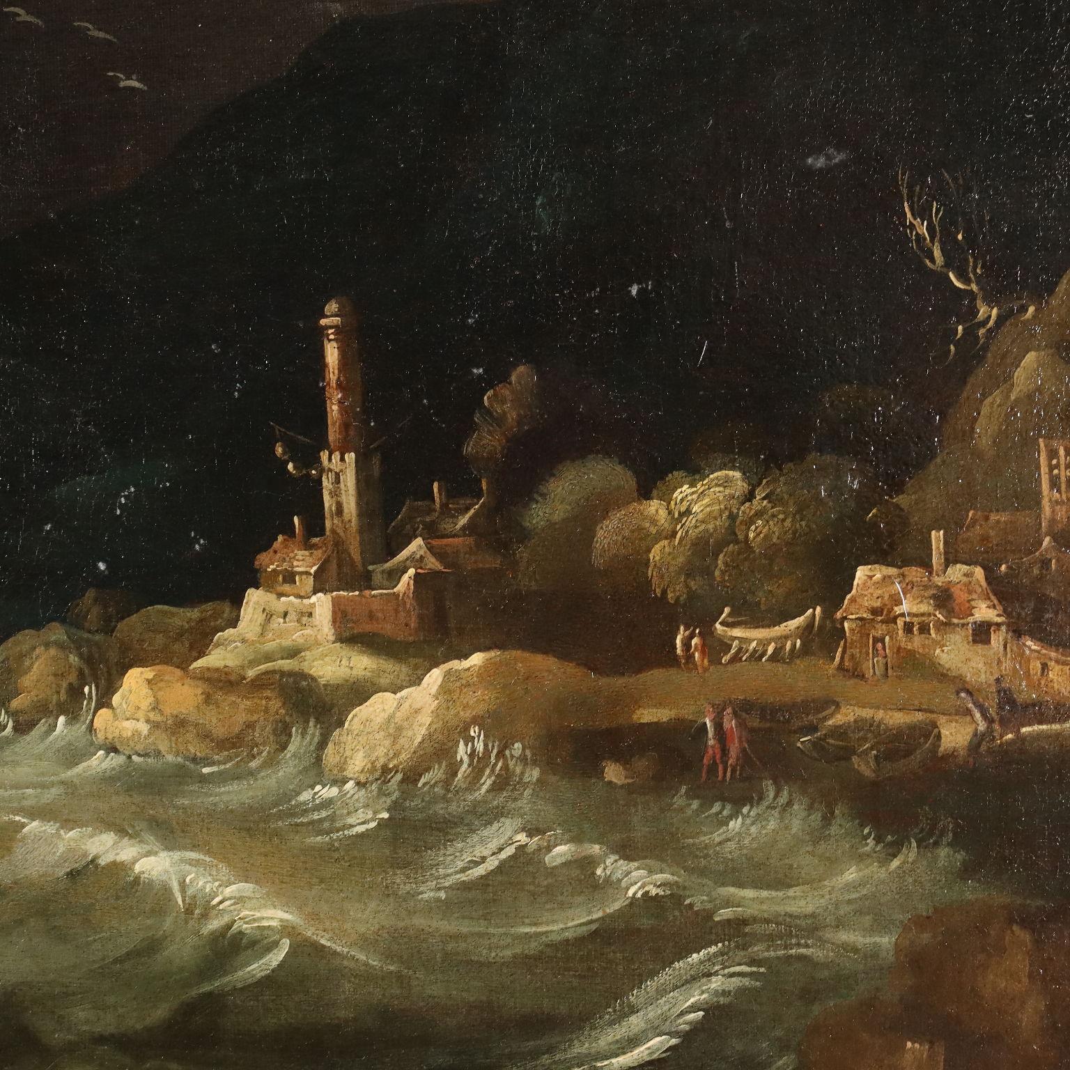 Stormy Sea Oil on Canvas Flemish School XVII Century For Sale 4
