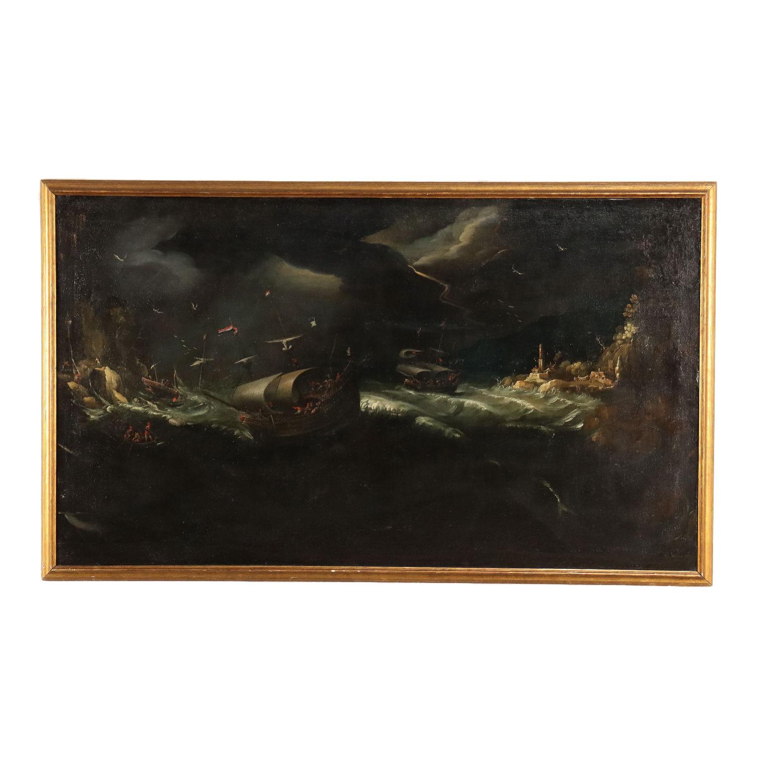 Unknown Landscape Painting - Stormy Sea Oil on Canvas Flemish School XVII Century