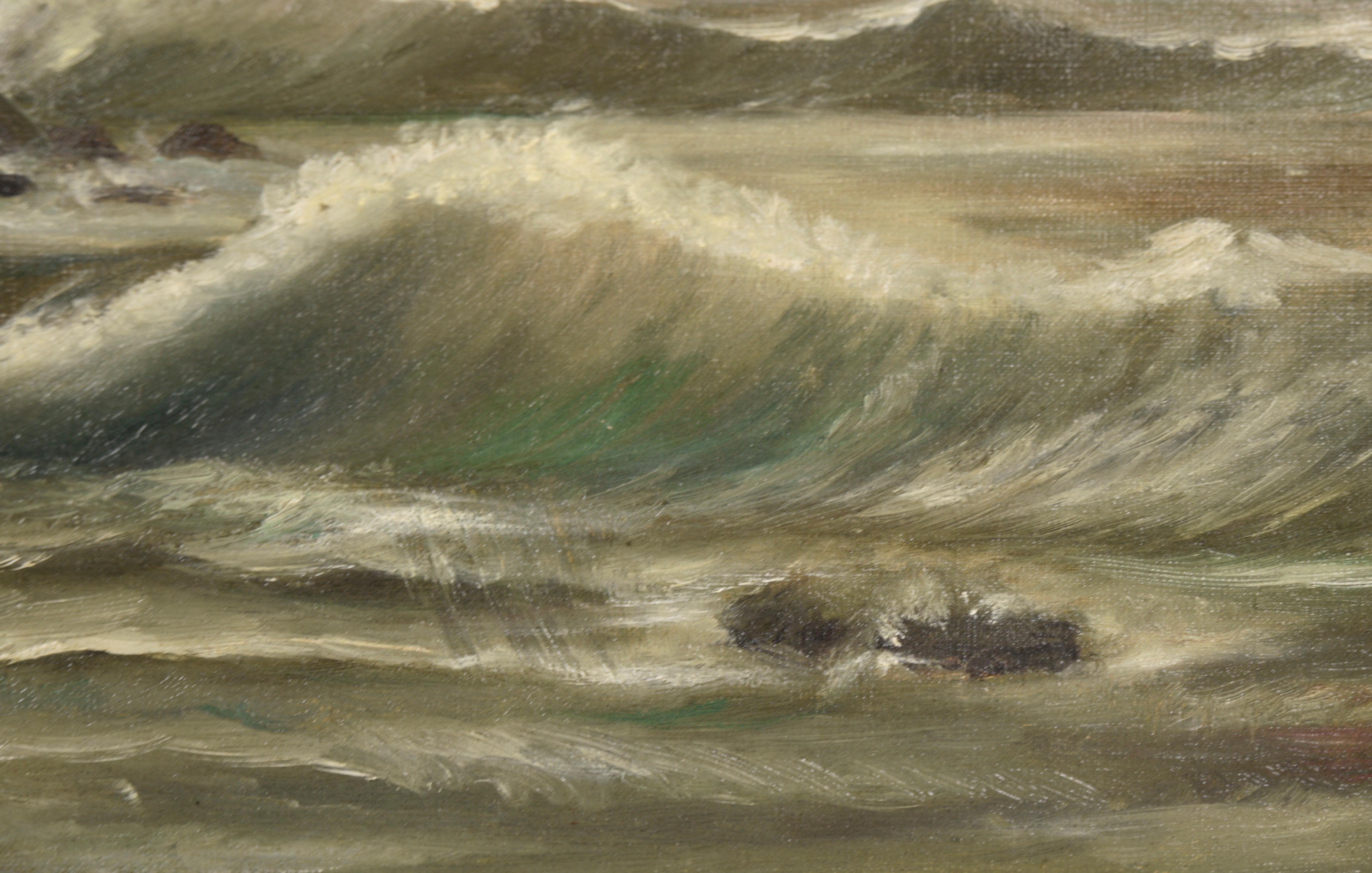 Dramatic Westcoast seascape by an unknown artist. Waves are crashing against a rocky shore, sending spray into the air. The sky above is gray with hints of pink, indicating an impending storm. circa 1910-20

Nicht signiert.
Presented in a giltwood