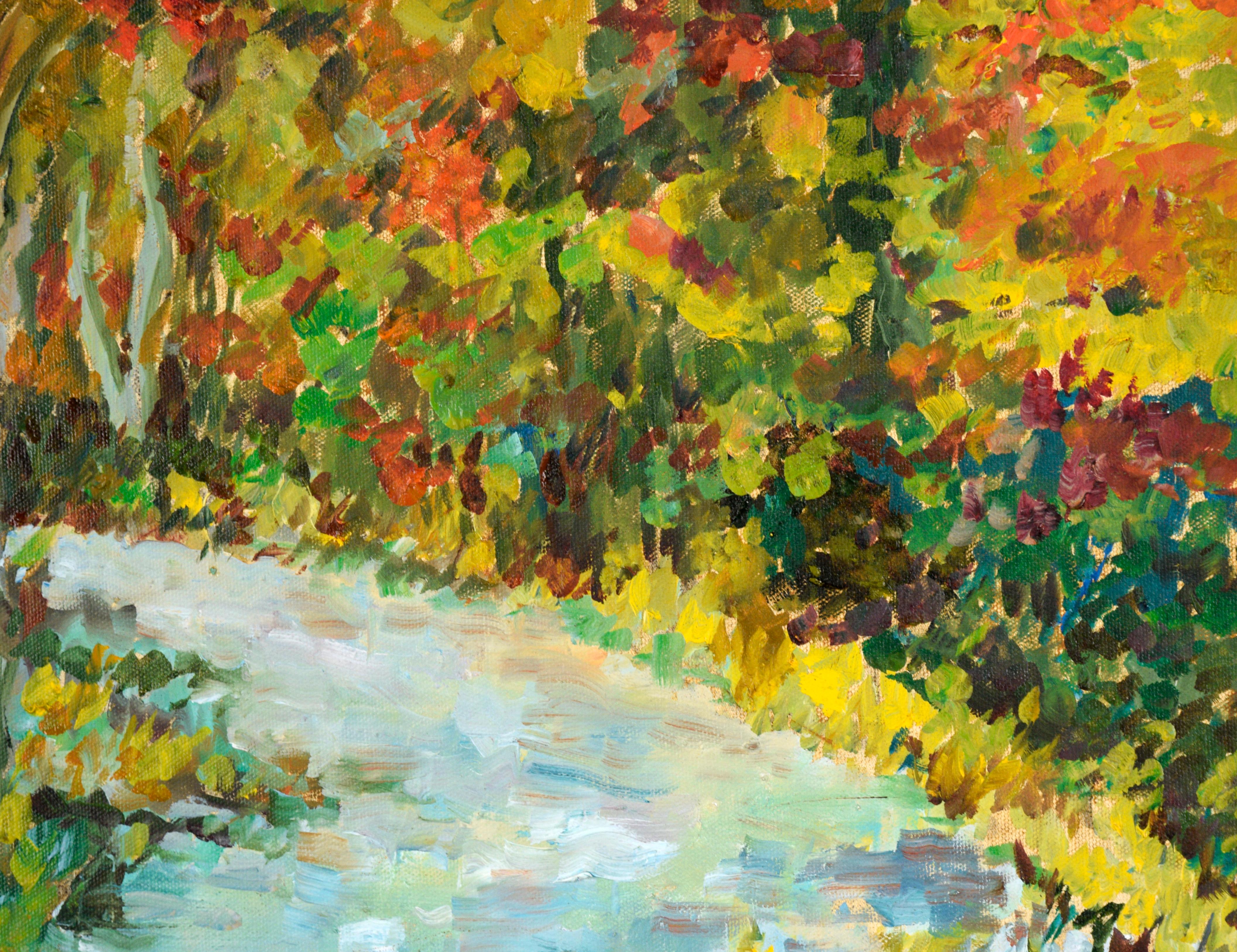 Stream in the Forest in Autumn - Paysage en acrylique sur toile en vente 5