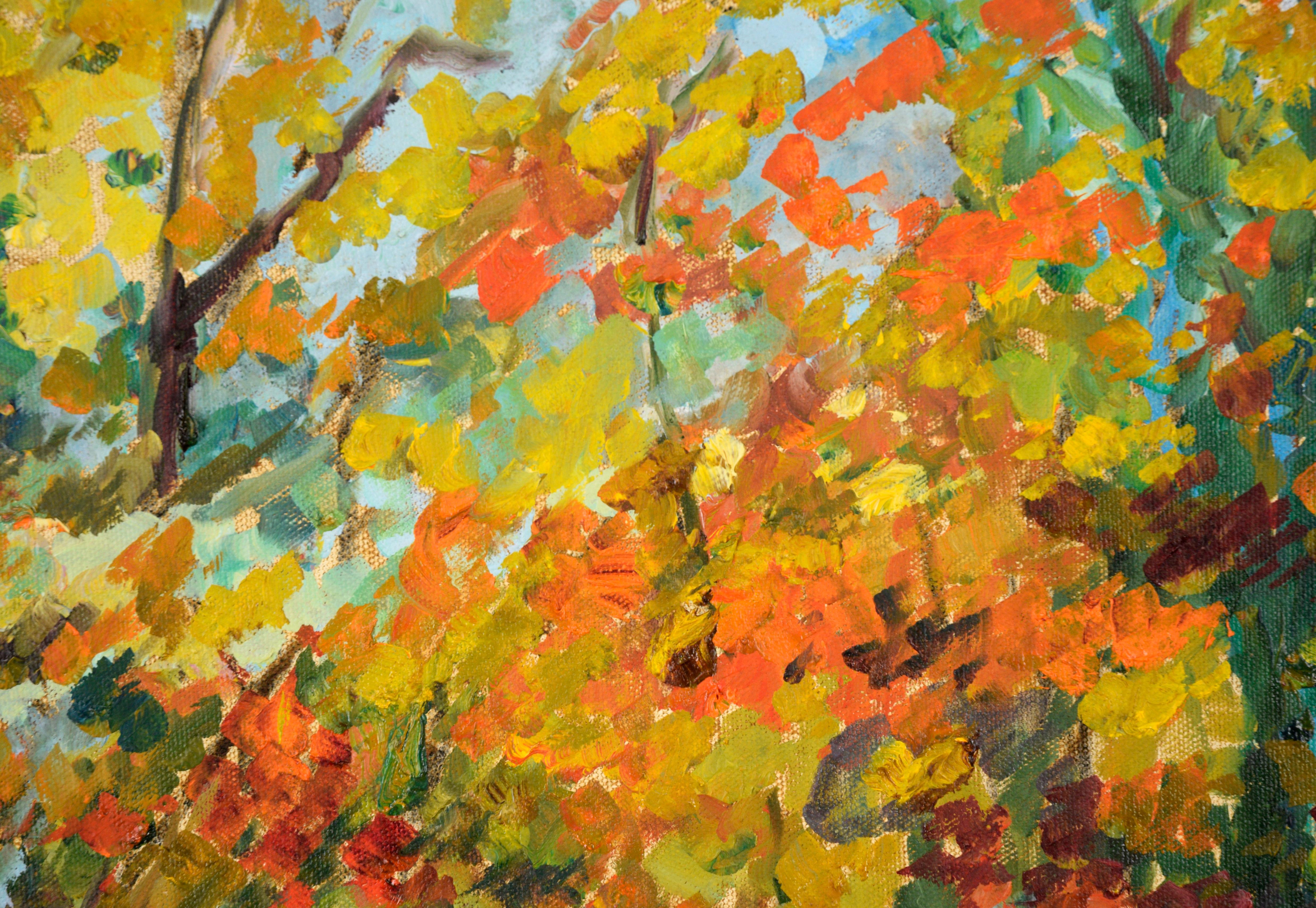 Stream in the Forest in Autumn - Paysage en acrylique sur toile - Marron Landscape Painting par Unknown