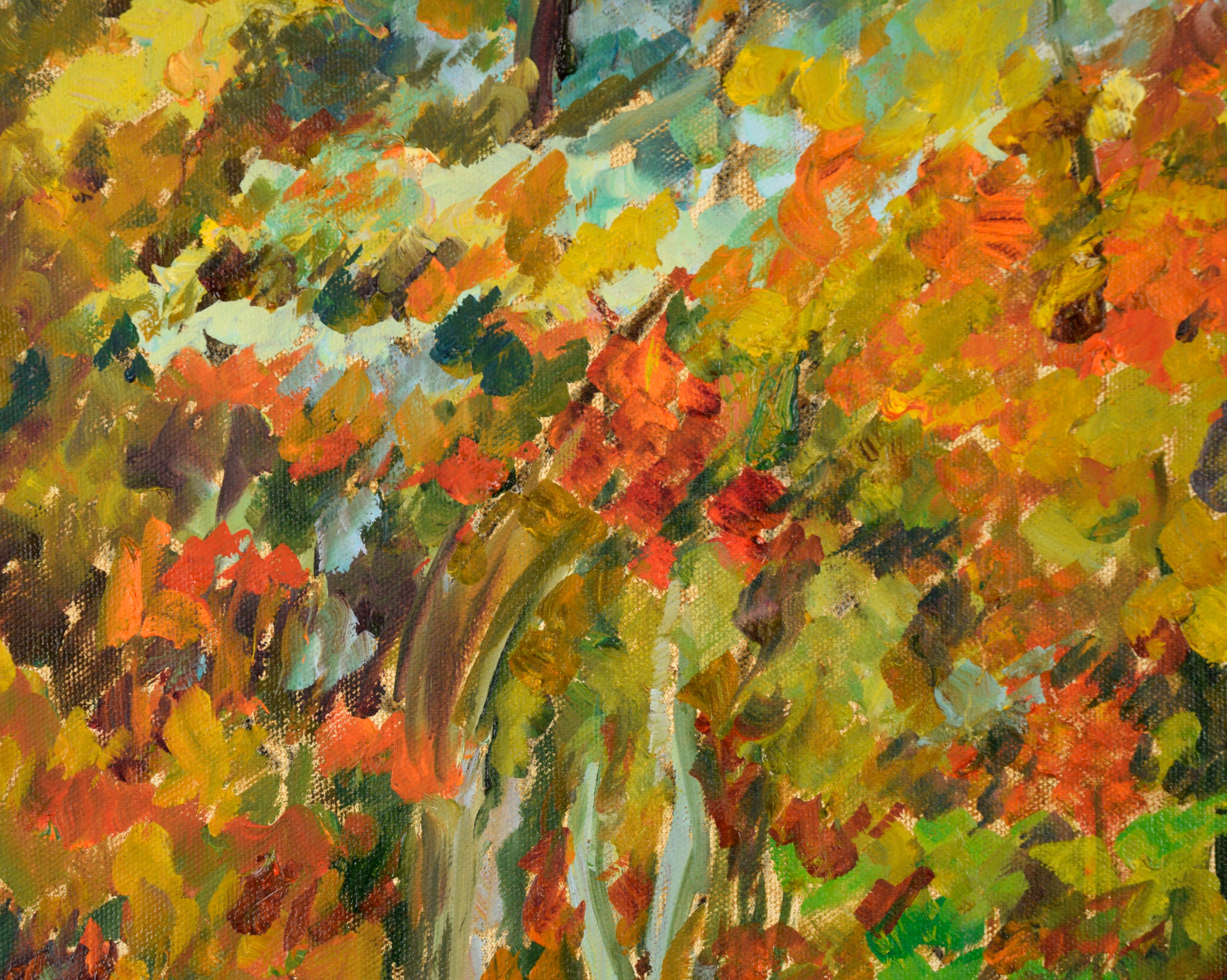 Paysage d'automne aux couleurs vives d'un artiste inconnu (20e siècle). Un ruisseau tranquille coule au centre de la composition, attirant le spectateur dans la scène. Les arbres et le feuillage environnant sont constitués de traits courts et