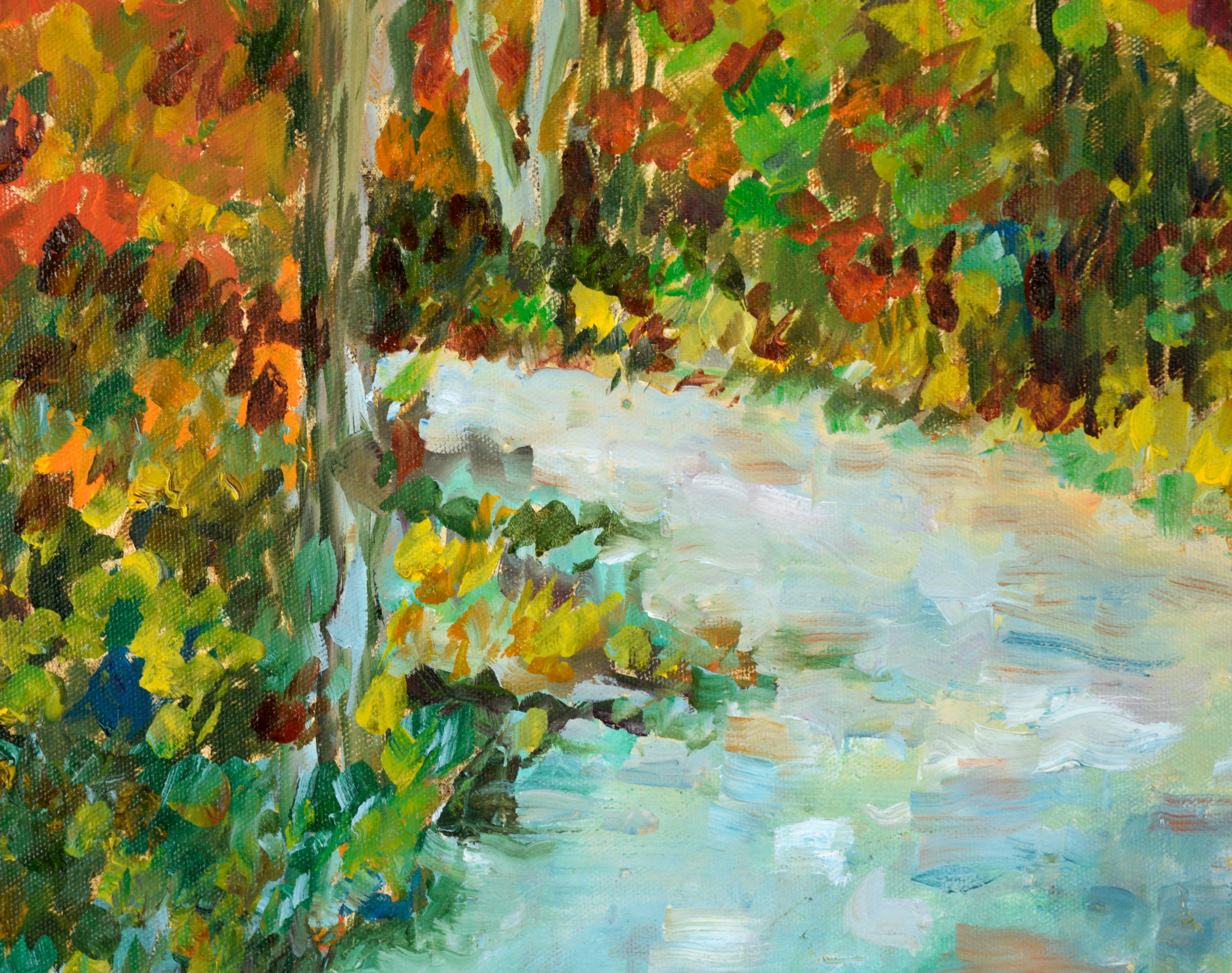 Stream in the Forest in Autumn - Paysage en acrylique sur toile en vente 2