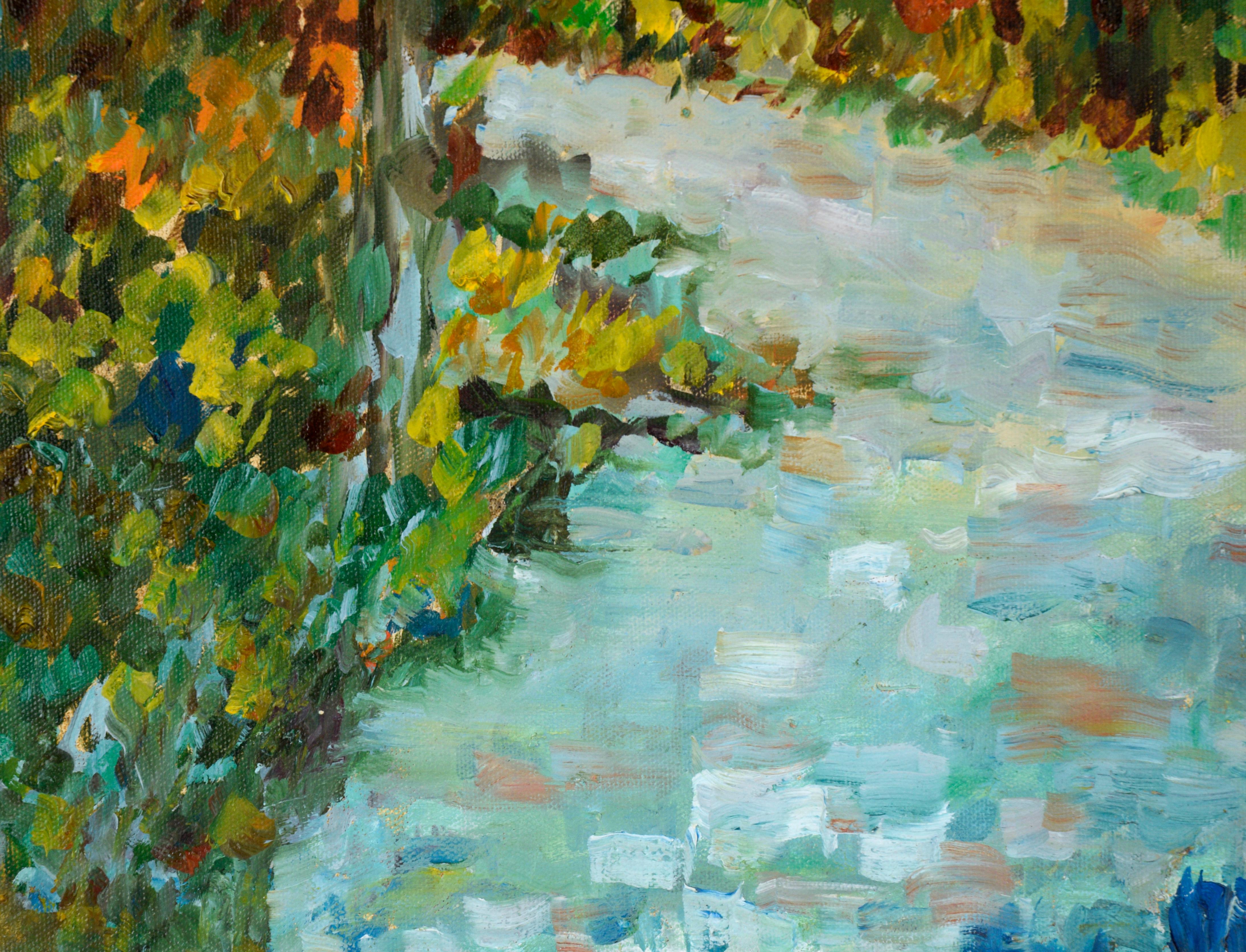 Stream in the Forest in Autumn - Paysage en acrylique sur toile en vente 3