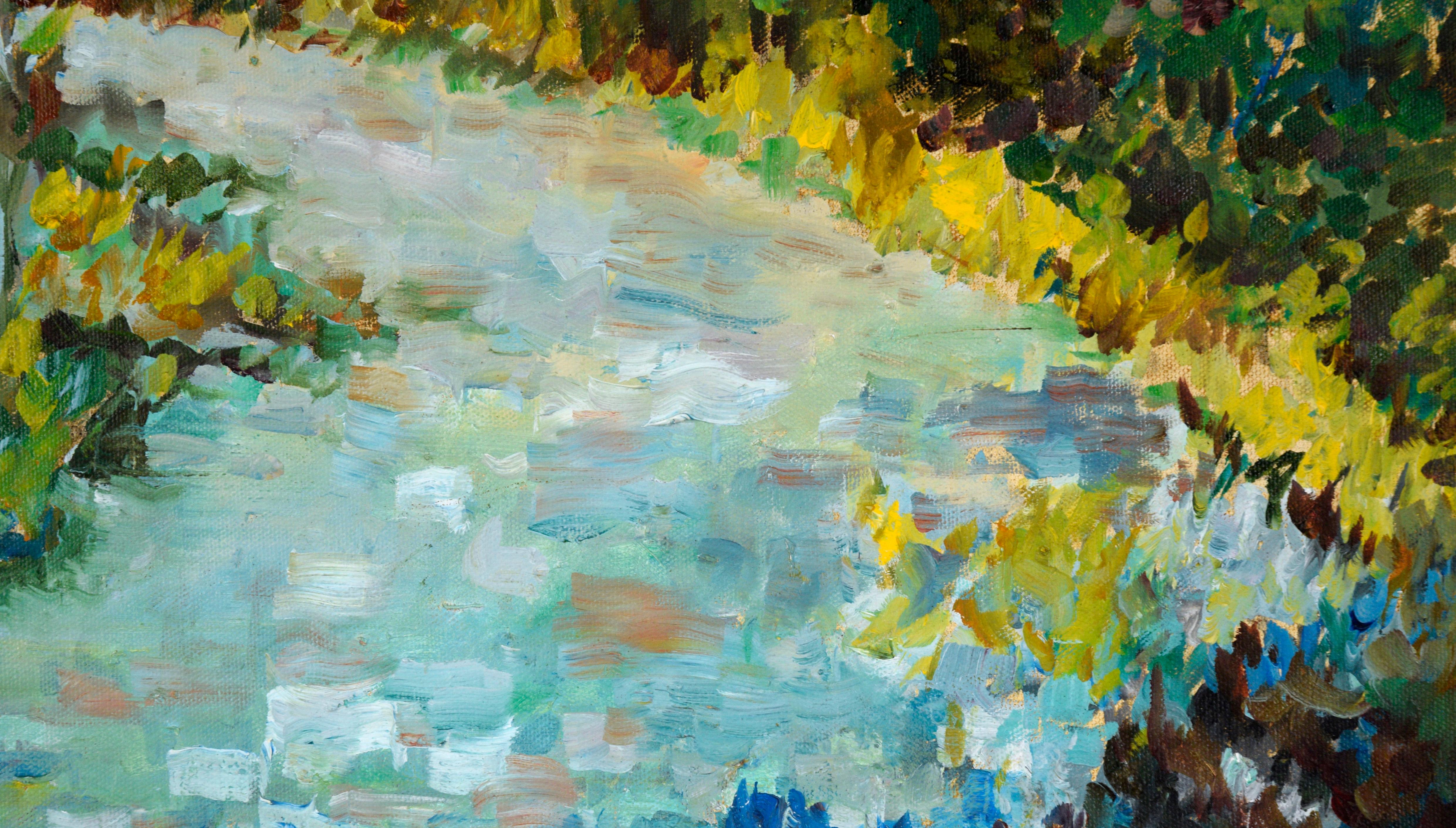 Stream in the Forest in Autumn - Paysage en acrylique sur toile en vente 4