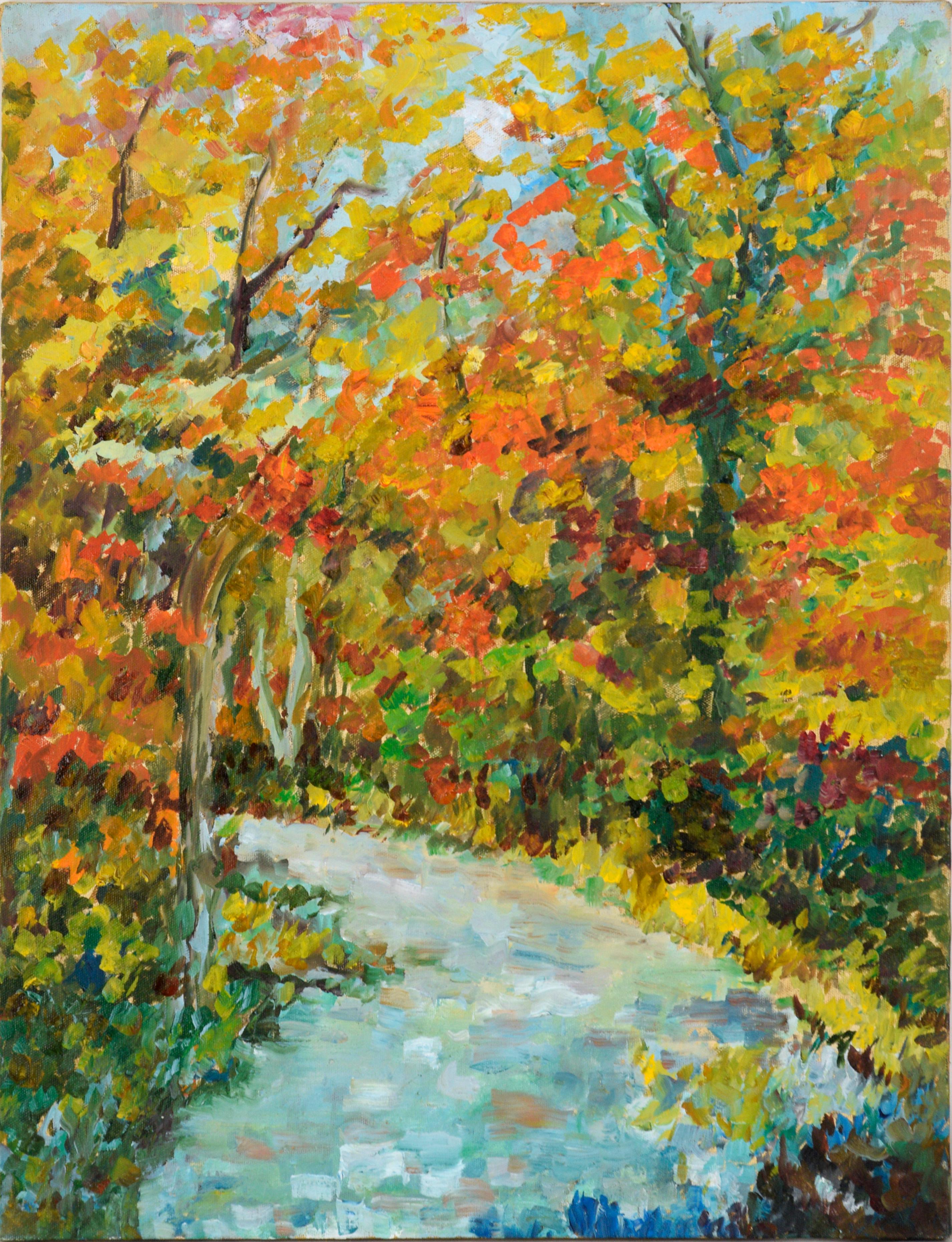 Landscape Painting de Unknown - Arroyo en el bosque en otoño - Paisaje en acrílico sobre lienzo