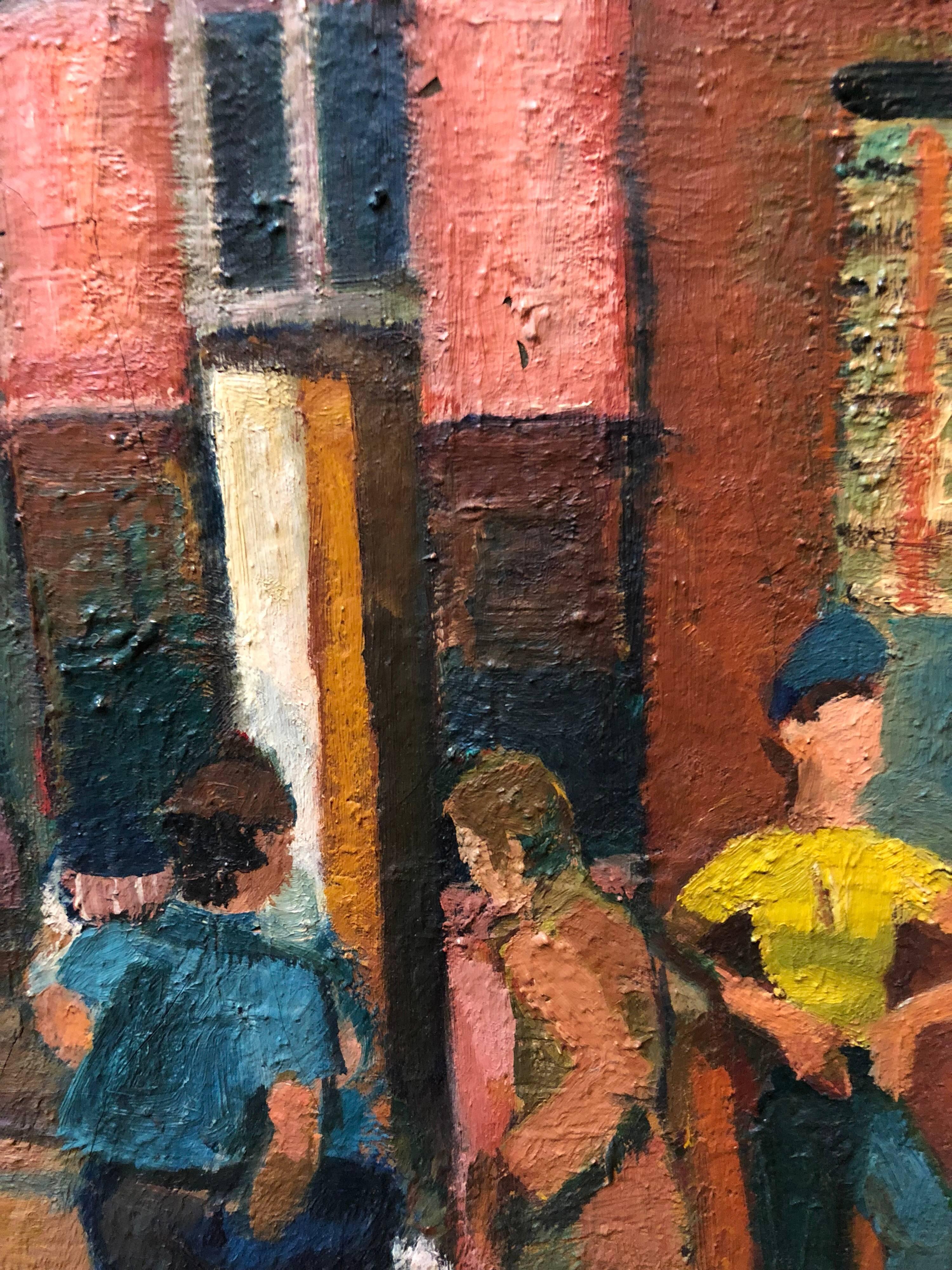 Street Corner Mid Century Modernist Street Scene Oil Painting WPA Era - Brown Figurative Painting by Unknown
