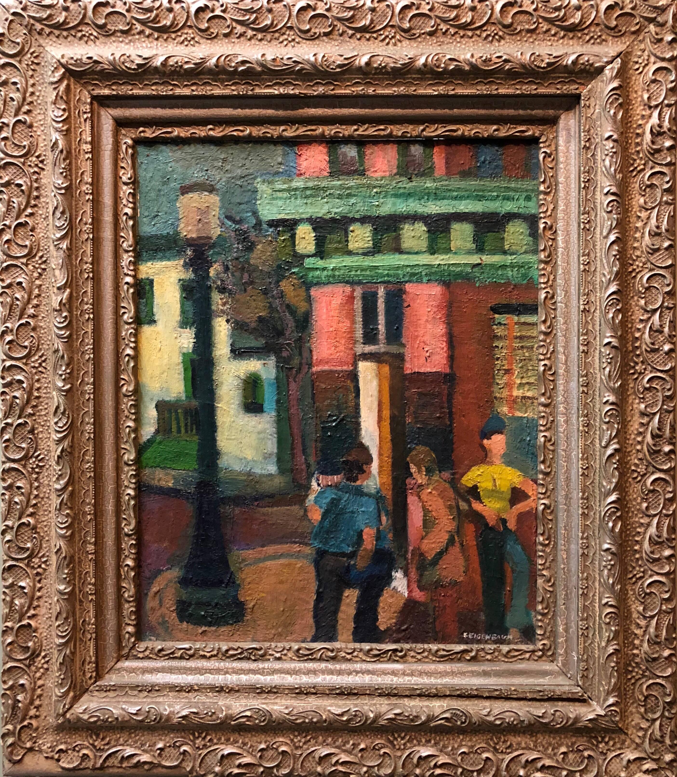 Unknown Figurative Painting - Street Corner Mid Century Modernist Street Scene Oil Painting WPA Era