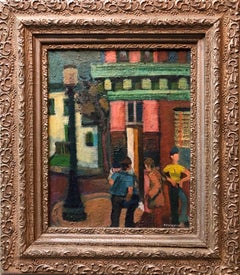 Street Corner Mid Century Modernist Street Scene Oil Painting WPA Era