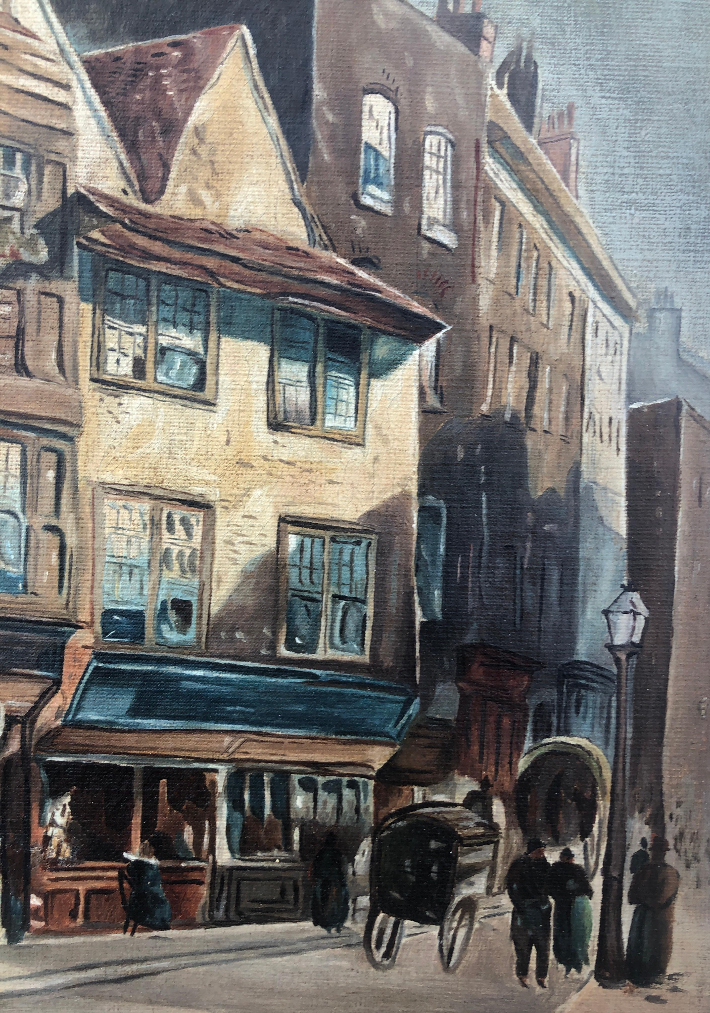 Via del Vecchio Quartiere British School firmato Cade olio su tela - Figurative Painting Grigio di Unknown