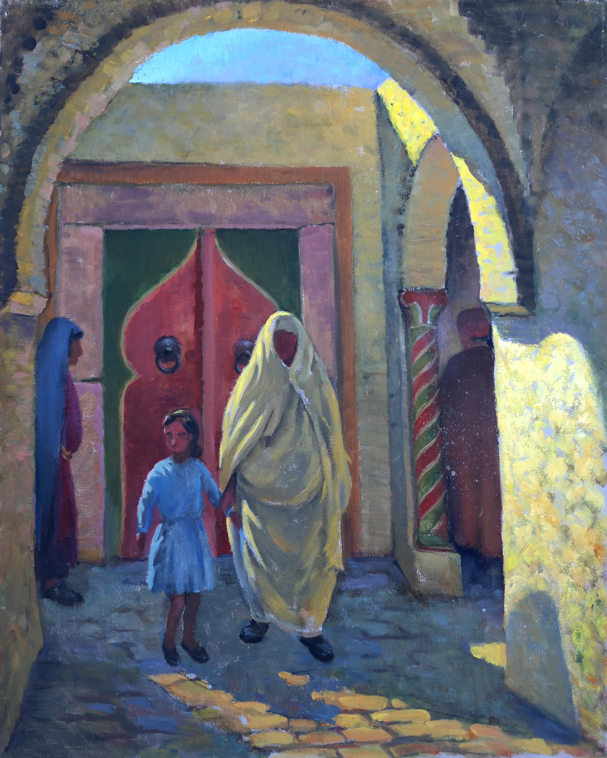 Jalal Gharbi, Tunesier/Amerikaner (1920 - 2005) - Straßenszene 2, Jahr:  ca. 1970, Medium:  Öl auf Leinwand, signiert unten links, Größe:  30 x 24 in. (76,2 x 60,96 cm), Beschreibung:  Ein Ölgemälde mit einer Straßenszene aus dem Nahen Osten von