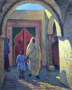 Street Scene 2, Folk Art Oil on Canvas Painting by Jalal Gharbi