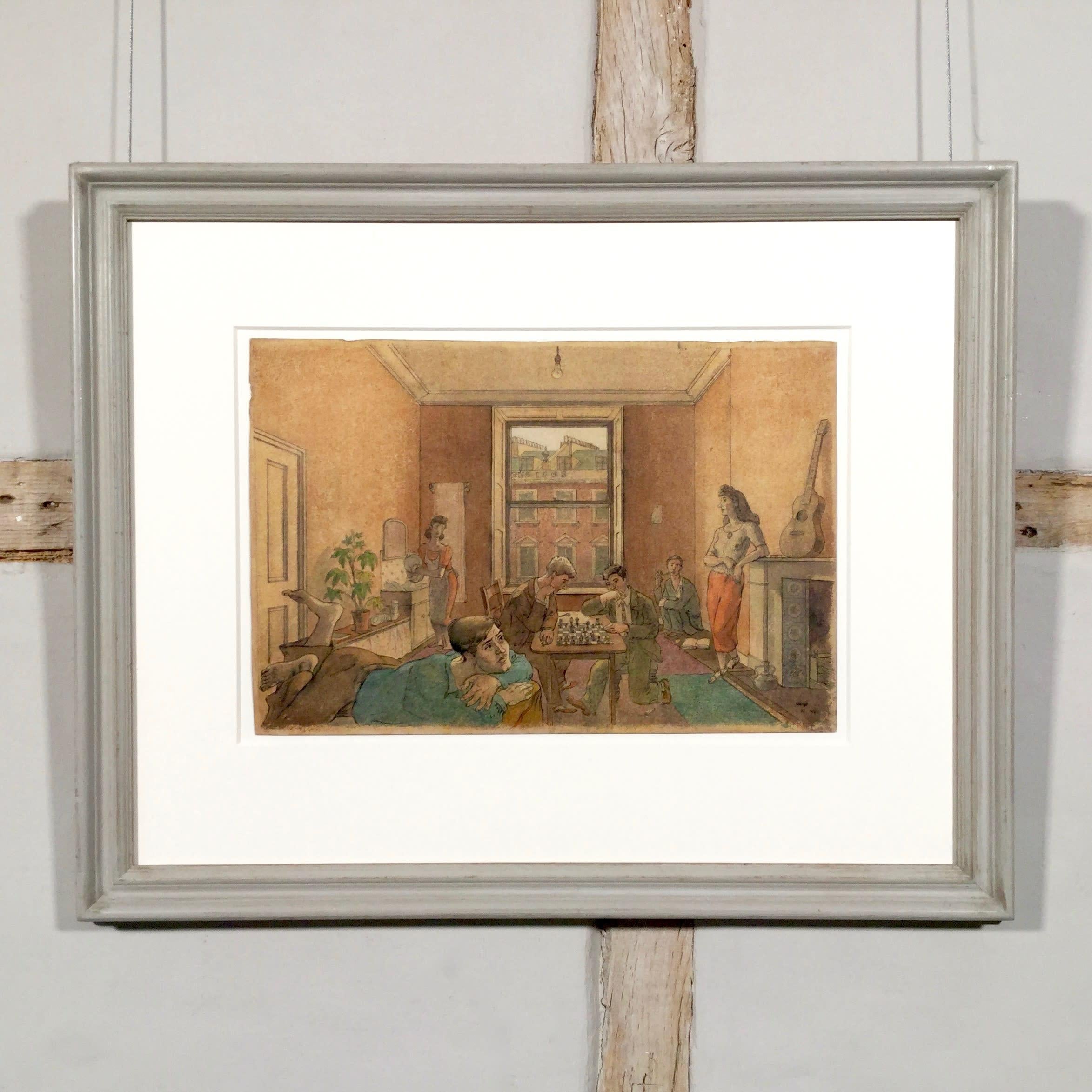 Studenti, giocatori di scacchi, Chelsea (Longridge Road), acquerello, 1941

Informazioni aggiuntive:
Mezzo di comunicazione: Acquerello su penna e inchiostro
10 x 14 3/4 in
25.4 x 37.5 cm
Firmato e datato; ulteriormente firmato, intitolato e datato