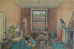 Students, Chess Players, Chelsea (Longridge Road), Watercolour Painting, 1941