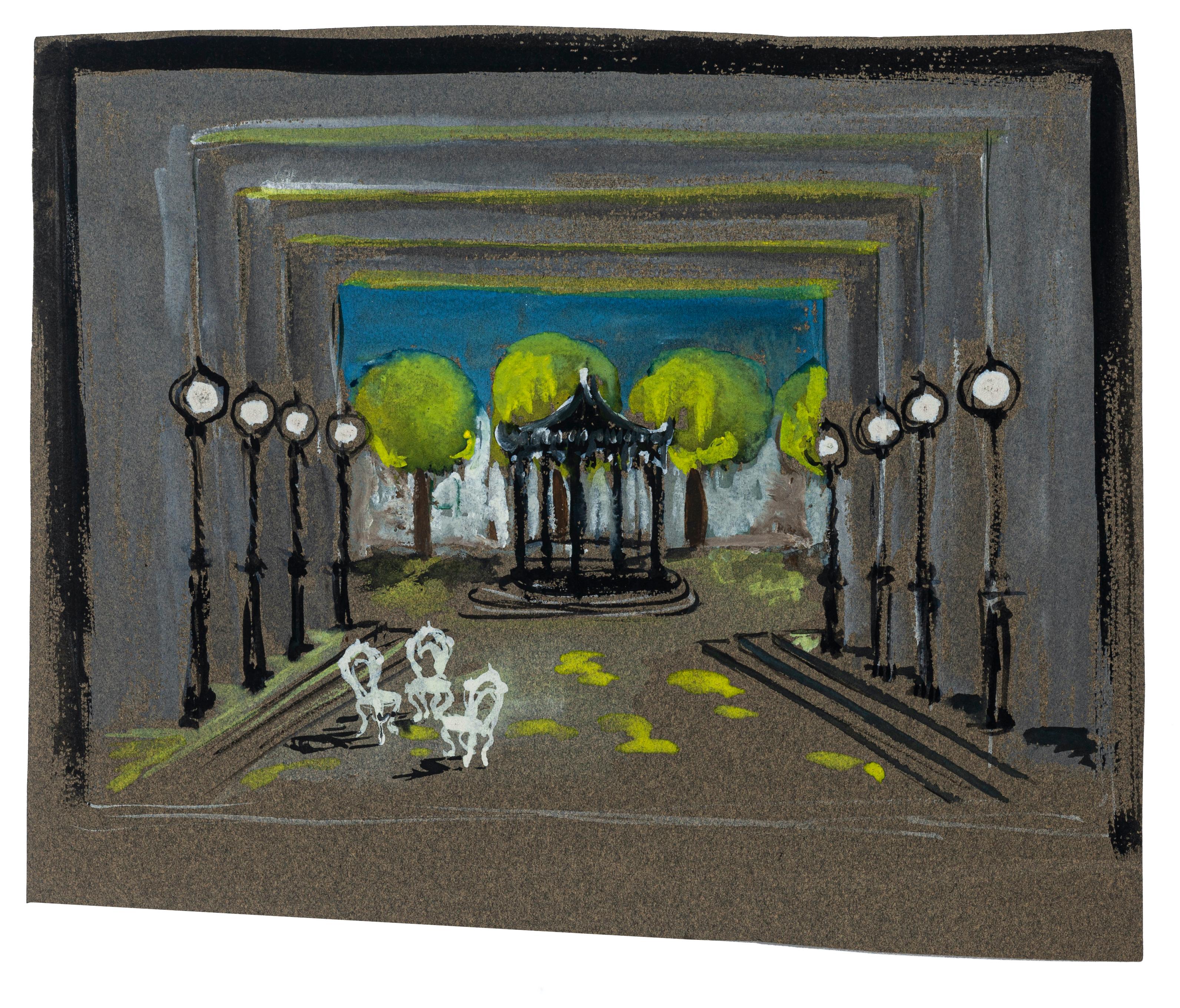Unknown Figurative Painting – Study for Scenography – Tempera- und weißes Blei auf Karton – 20. Jahrhundert