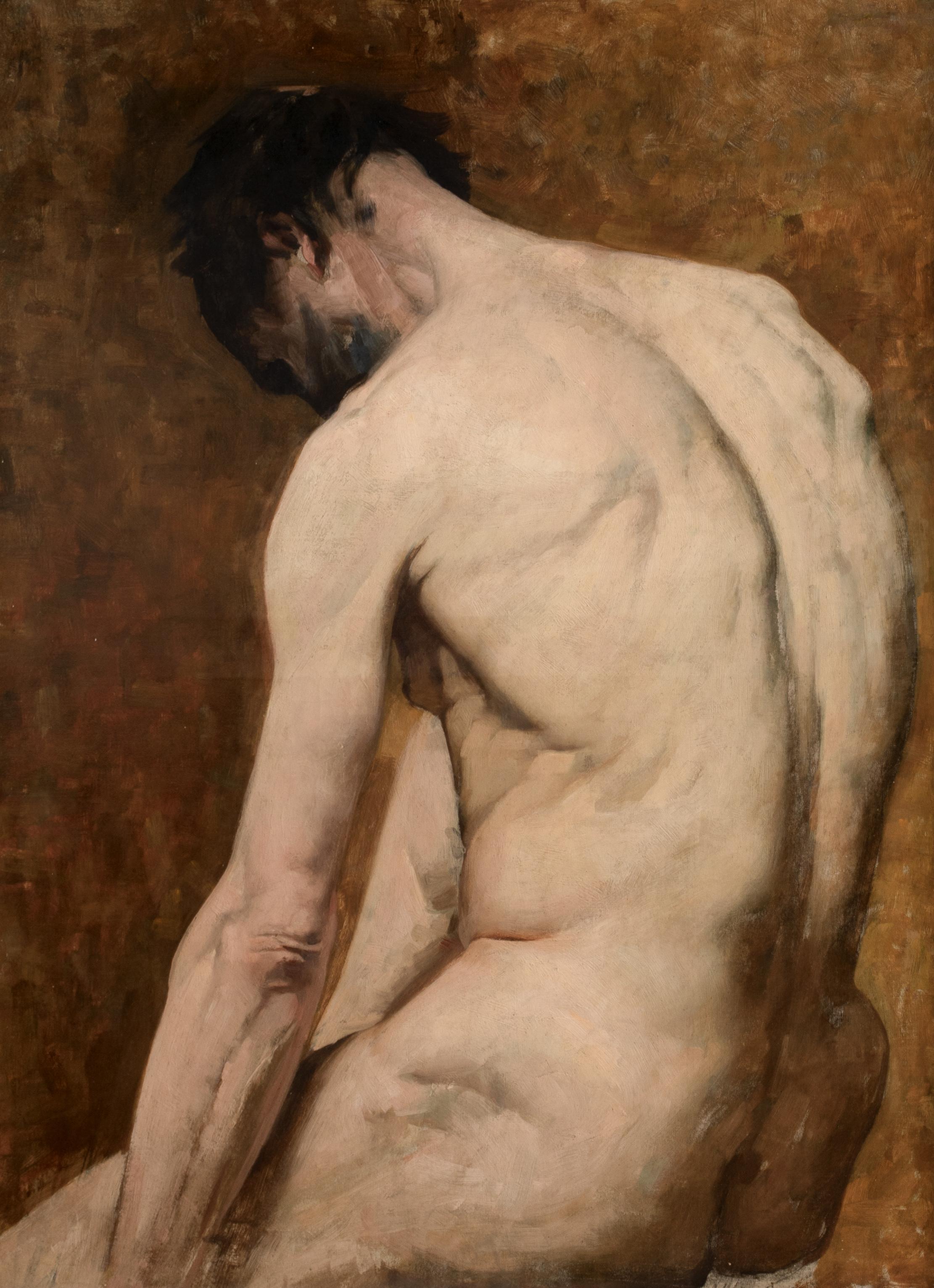 Study Of A Nude Male, 19th Century French Academy Study - Black Portrait Painting by Unknown