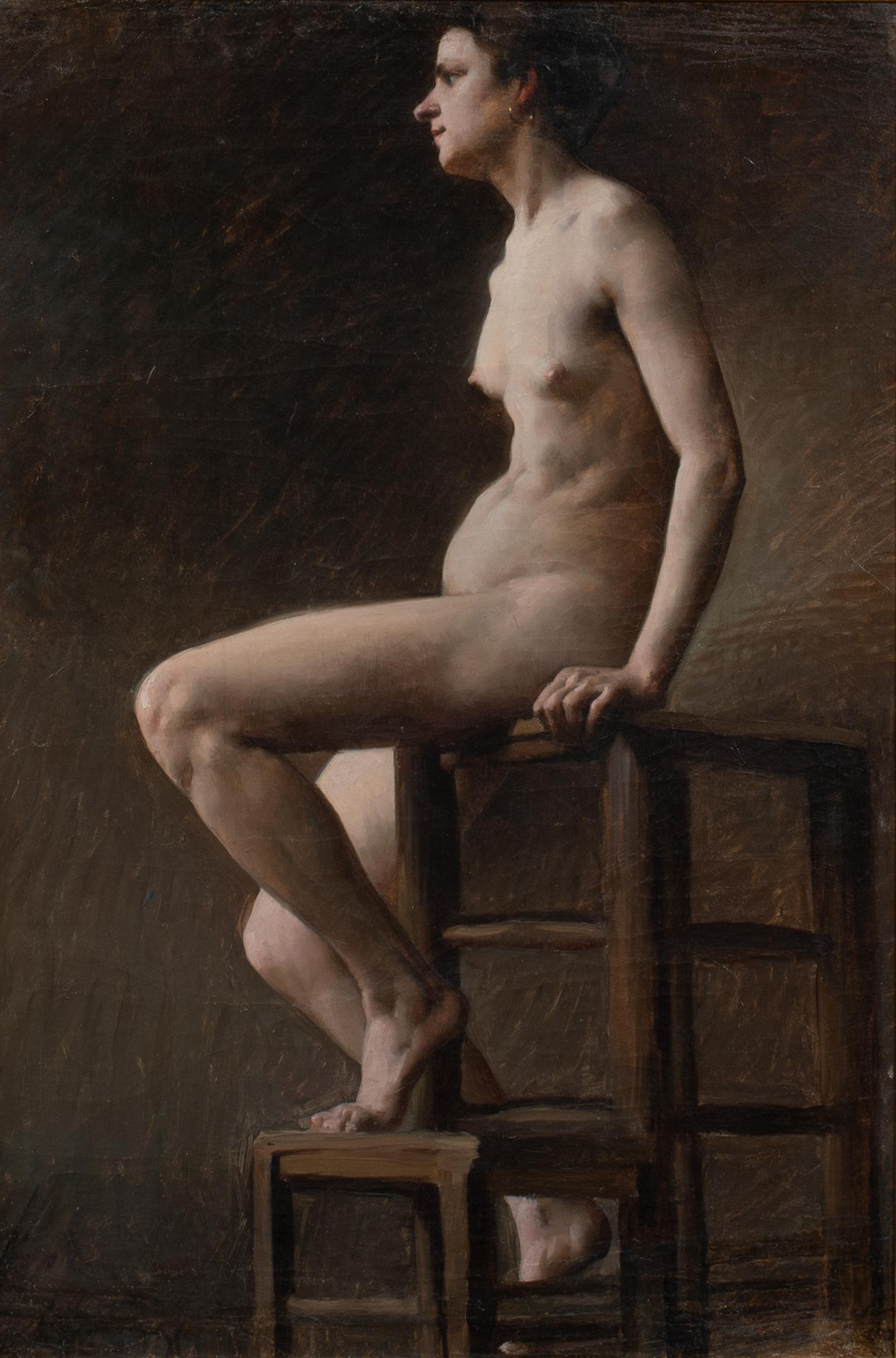 Study Of A Nude Woman Seated, 19th century - Painting by Unknown