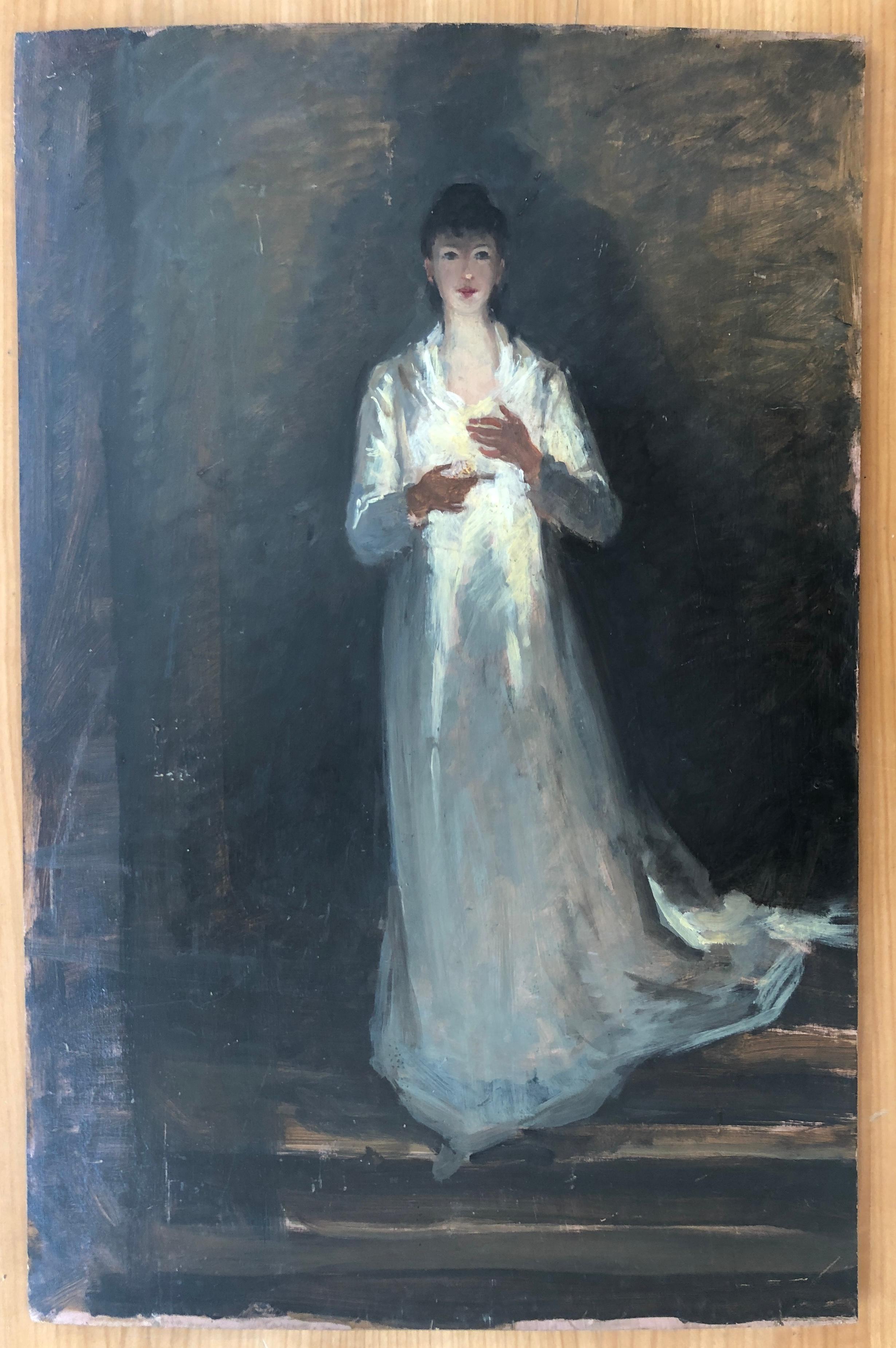 Study of a young woman at night lighting herself with a candle - Painting by Unknown