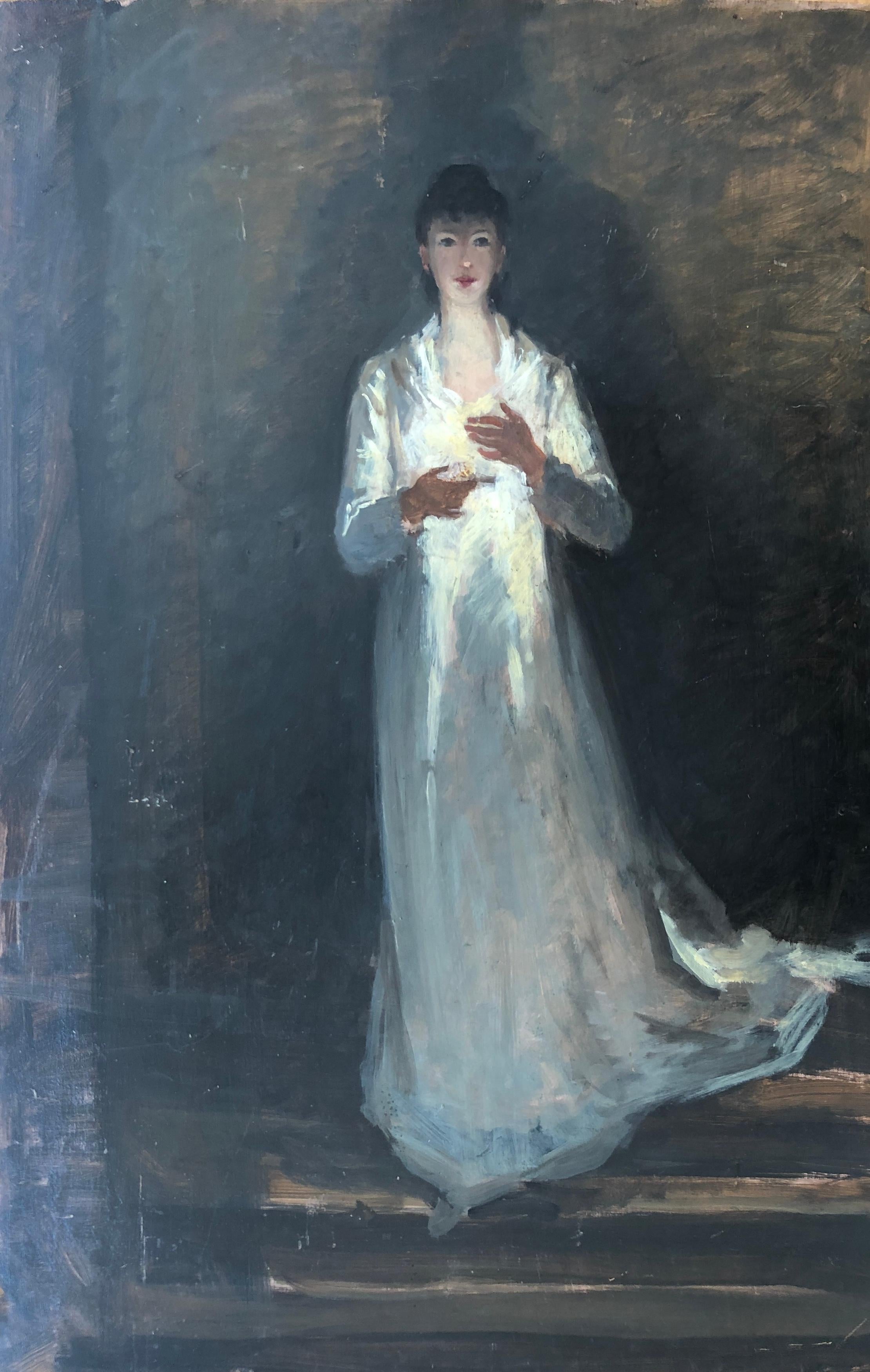 Unknown Figurative Painting - Study of a young woman at night lighting herself with a candle