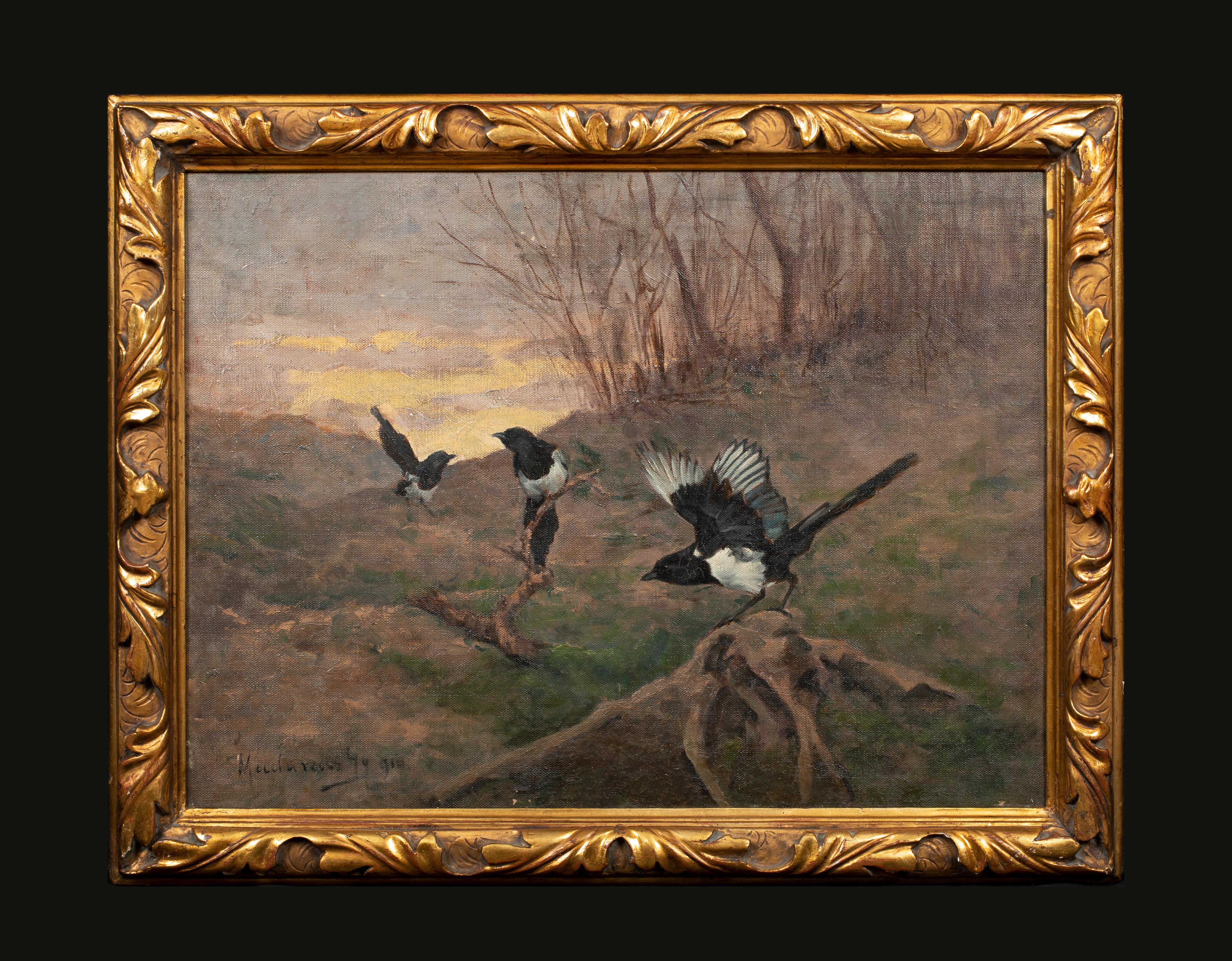 Study Of Magpies In A Landscape, circa 1900 - Painting by Unknown