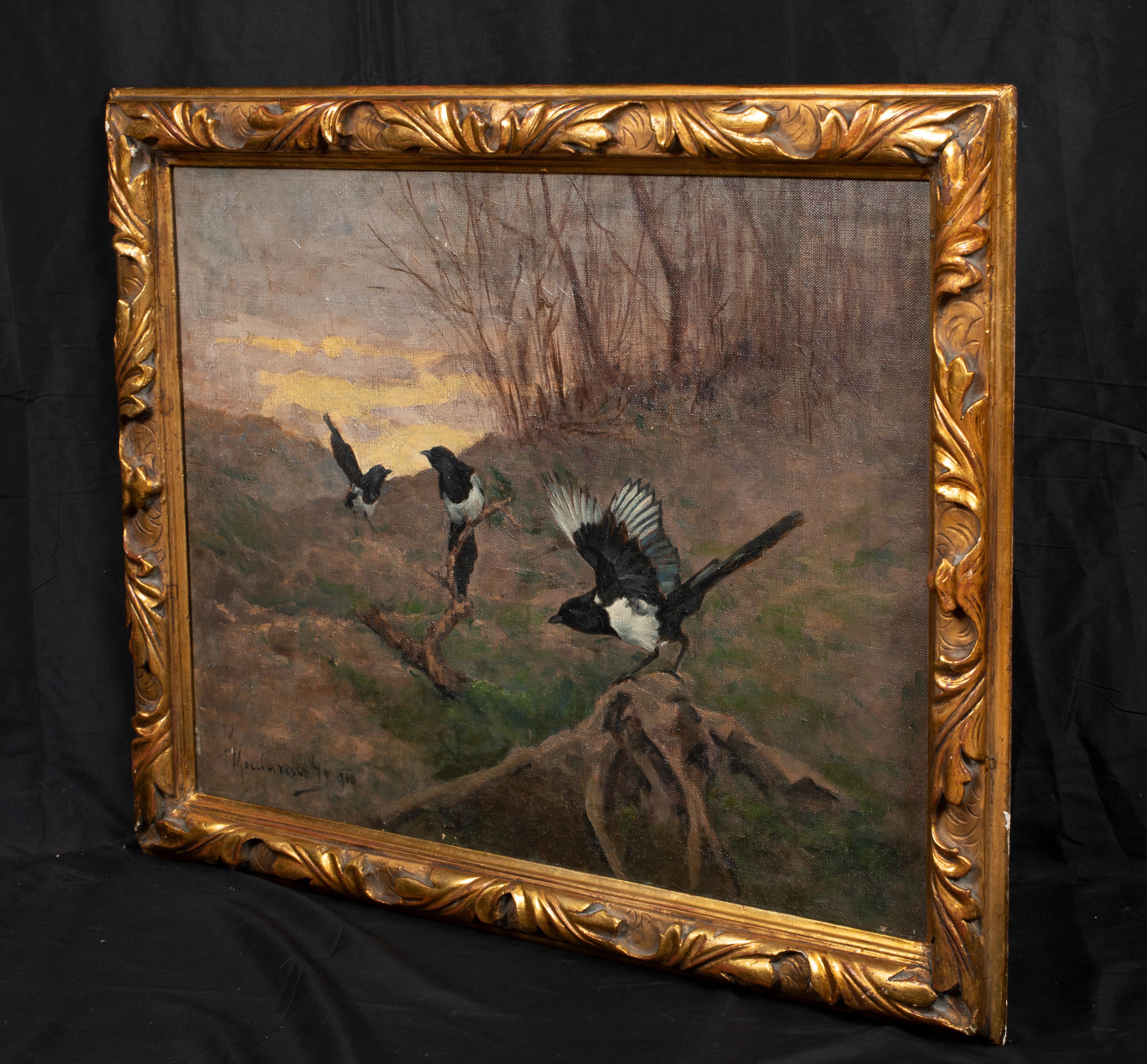 Study Of Magpies In A Landscape, circa 1900 - Brown Portrait Painting by Unknown