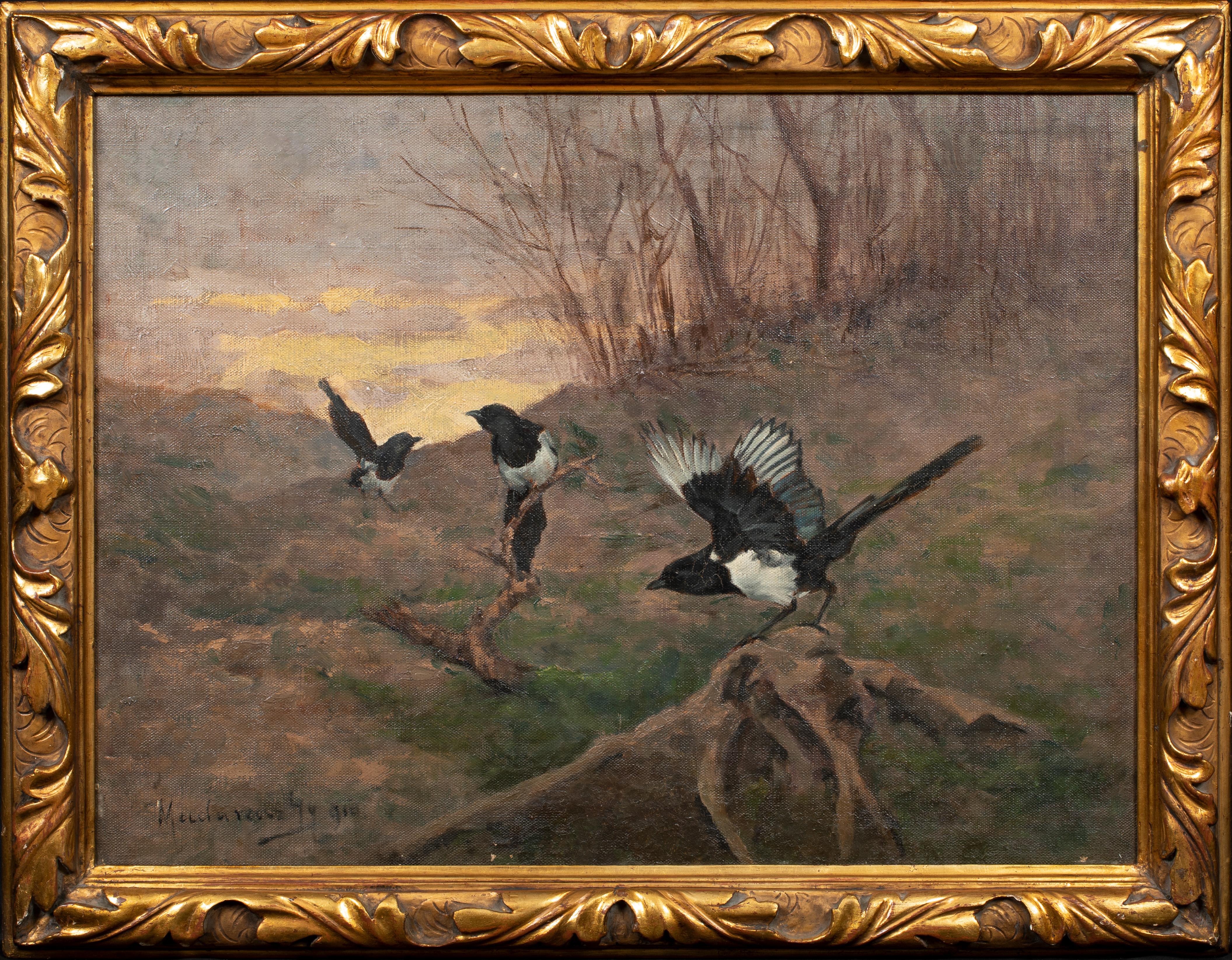 Unknown Portrait Painting - Study Of Magpies In A Landscape, circa 1900