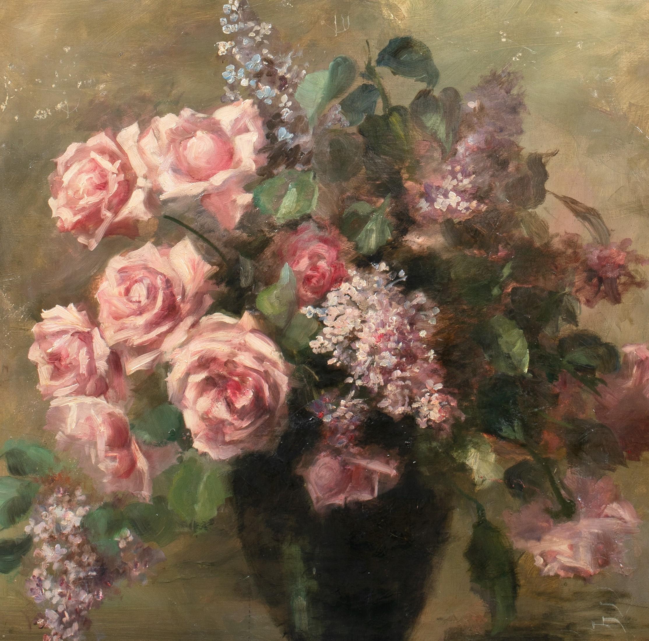 Study Of Pink Roses, 19th Century  - Brown Landscape Painting by Unknown