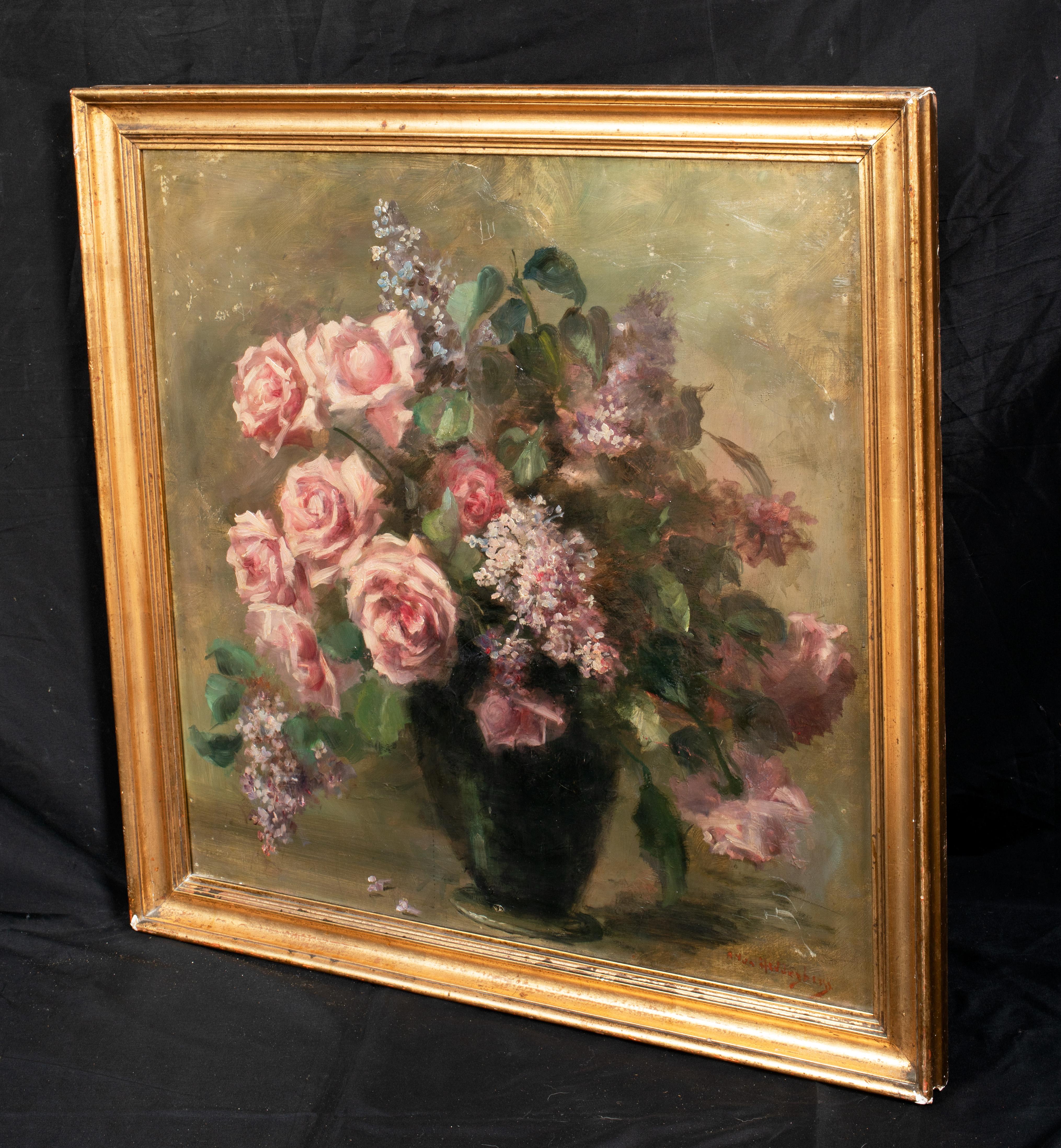 Study Of Pink Roses, 19th Century 

English School - signed

Large 19th Century Still life study of pink roses, oil on canvas, signed indistinctly. Good quality and condition circa 1900 Impressionist study of the flowers in a small black vase upon a