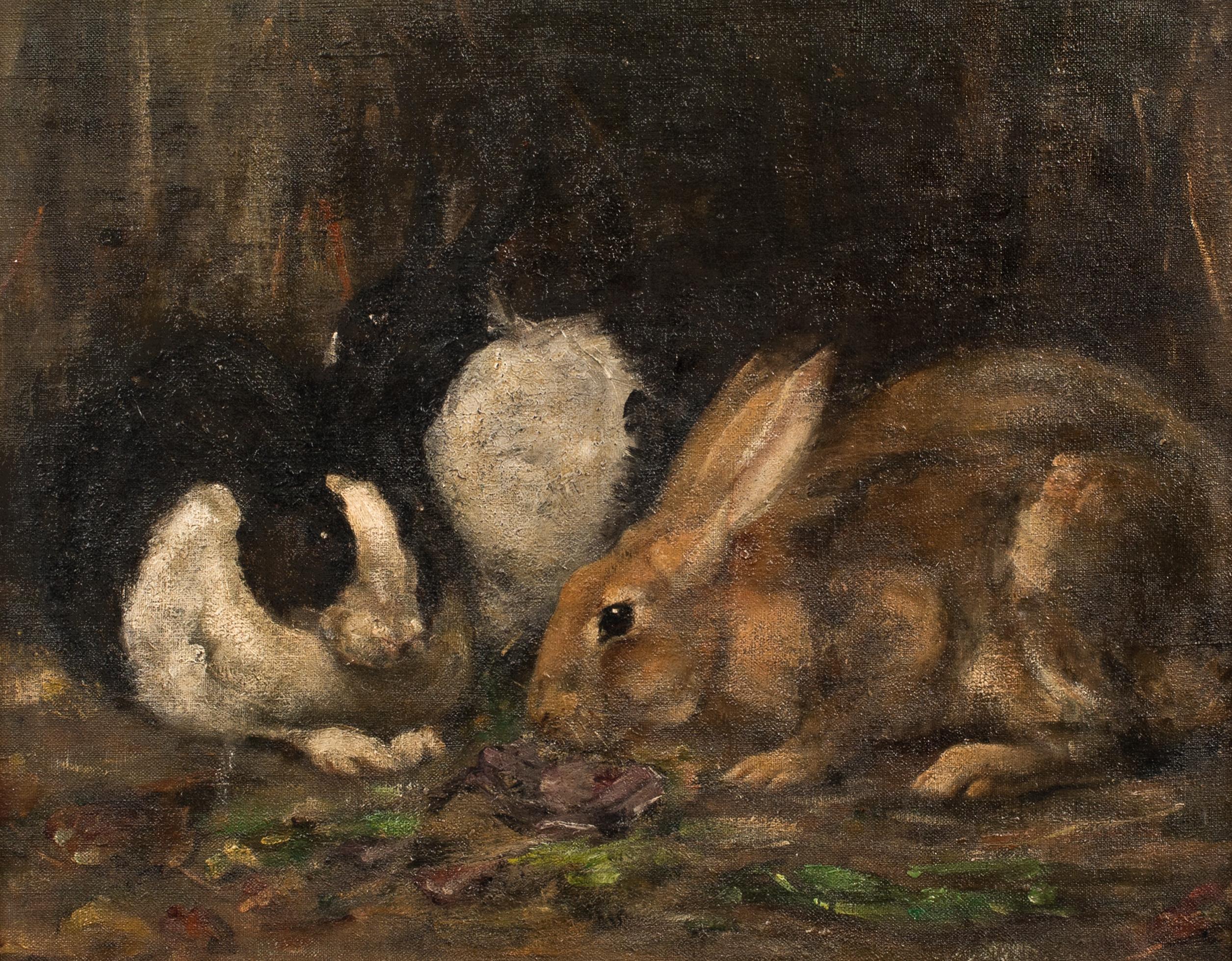 Unknown Portrait Painting - Study Of Rabbits Eating, early 20th century   English School