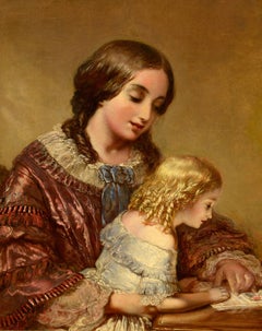 "Studying Her Lessons, " oil, mid-19th c, realism, mother and child, figurative