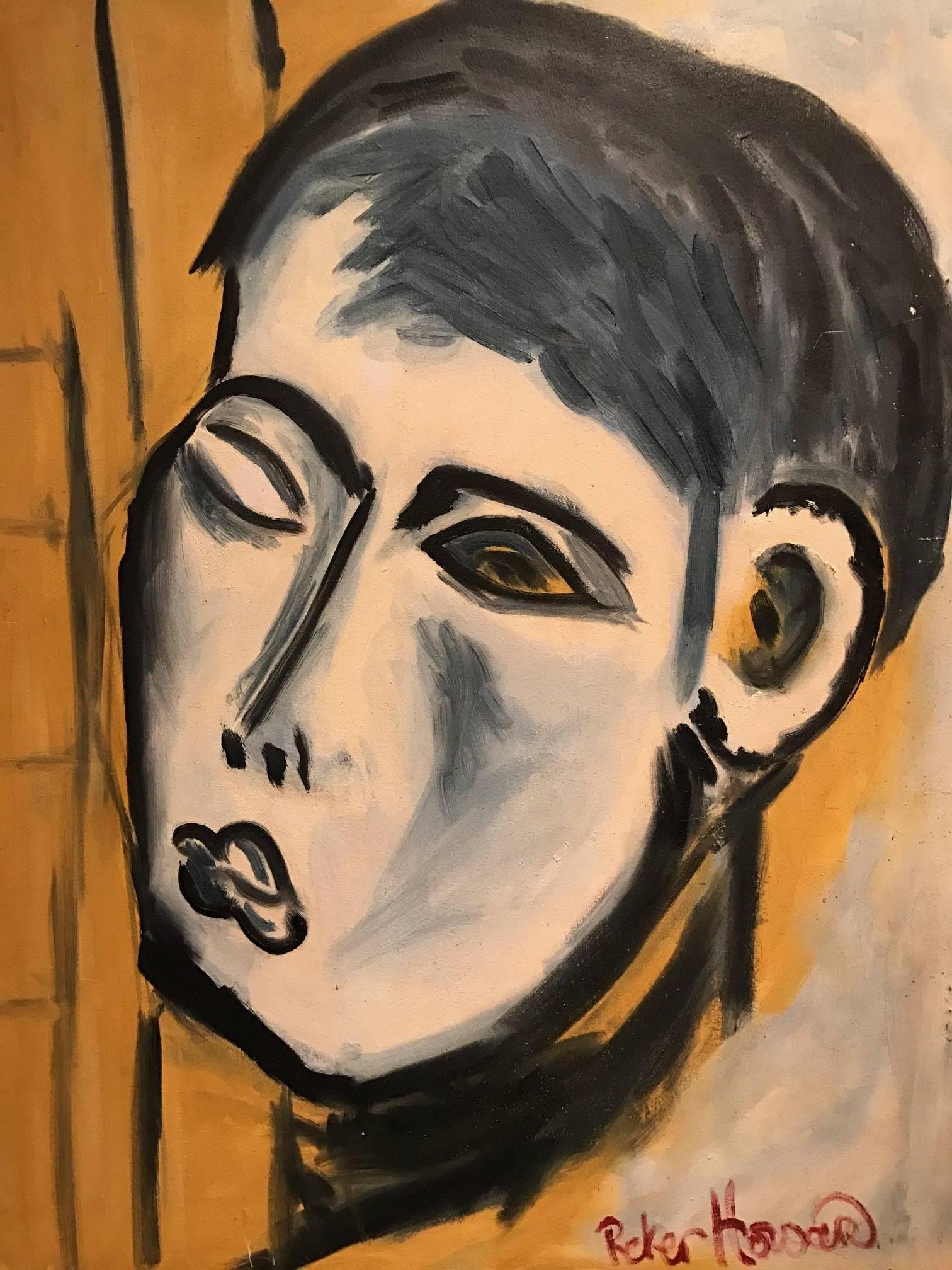 Superbe portrait abstrait d'un jeune homme des années 1960, à l'huile signée - Expressionnisme abstrait Painting par Unknown