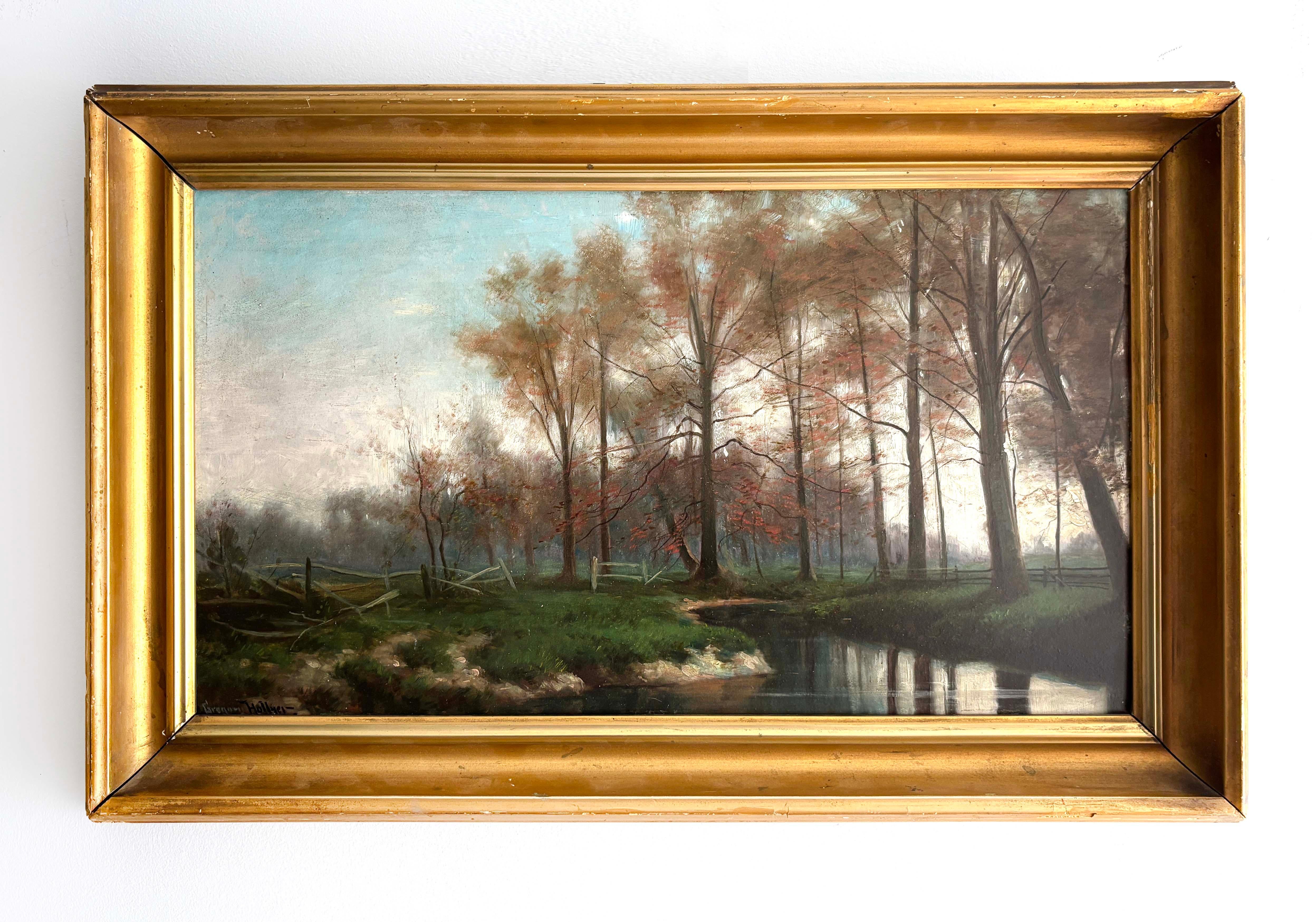 Stunning Antique American Oil Painting Lake Original Frame Signed Illegibly Rare - Brown Landscape Painting by Unknown