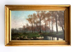 Stunning Antique American Oil Painting Lake Original Frame Signed Illegibly Rare