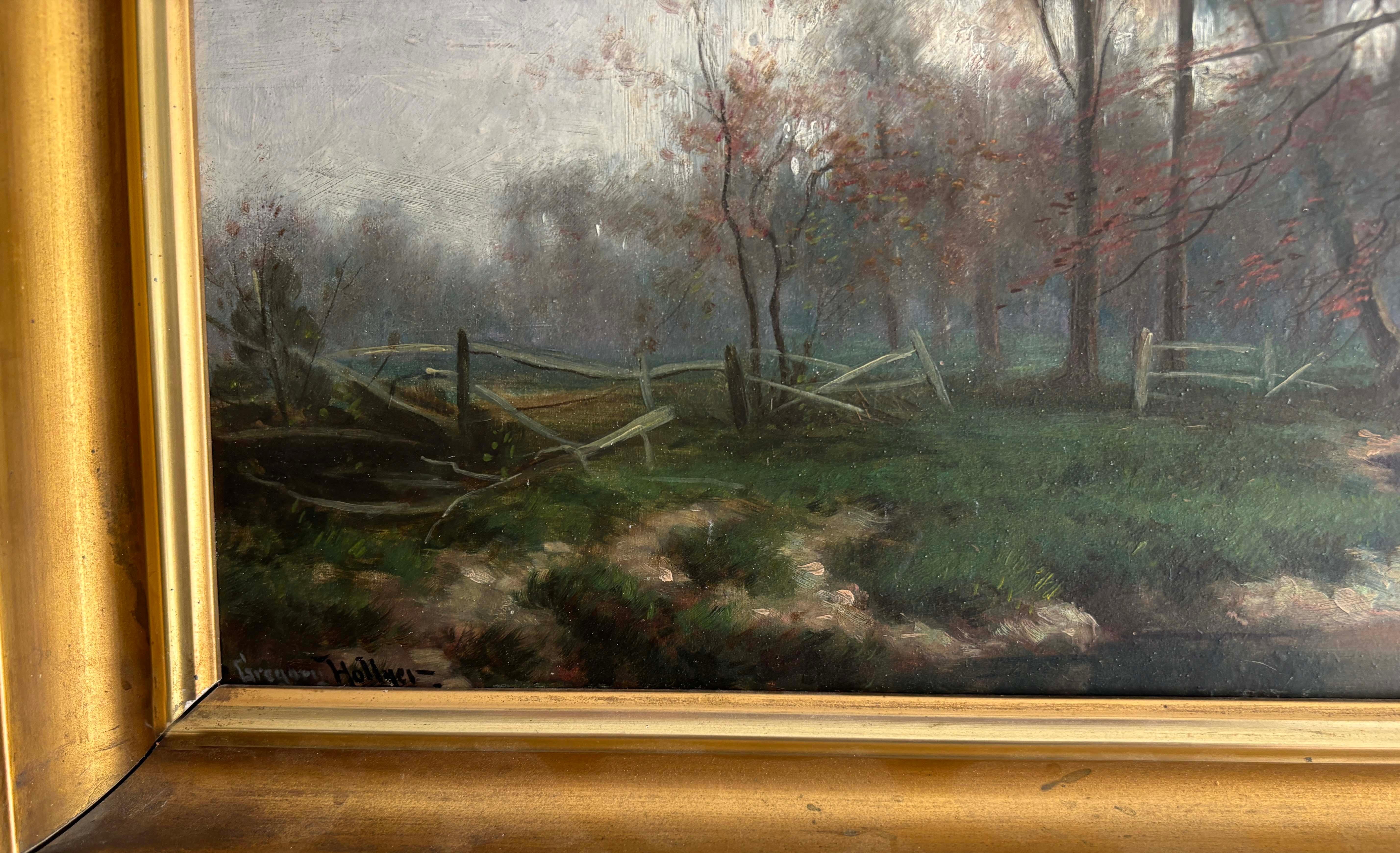 Stunning Antique American Oil Painting Lake Original Frame Signed Illegibly Rare For Sale 1