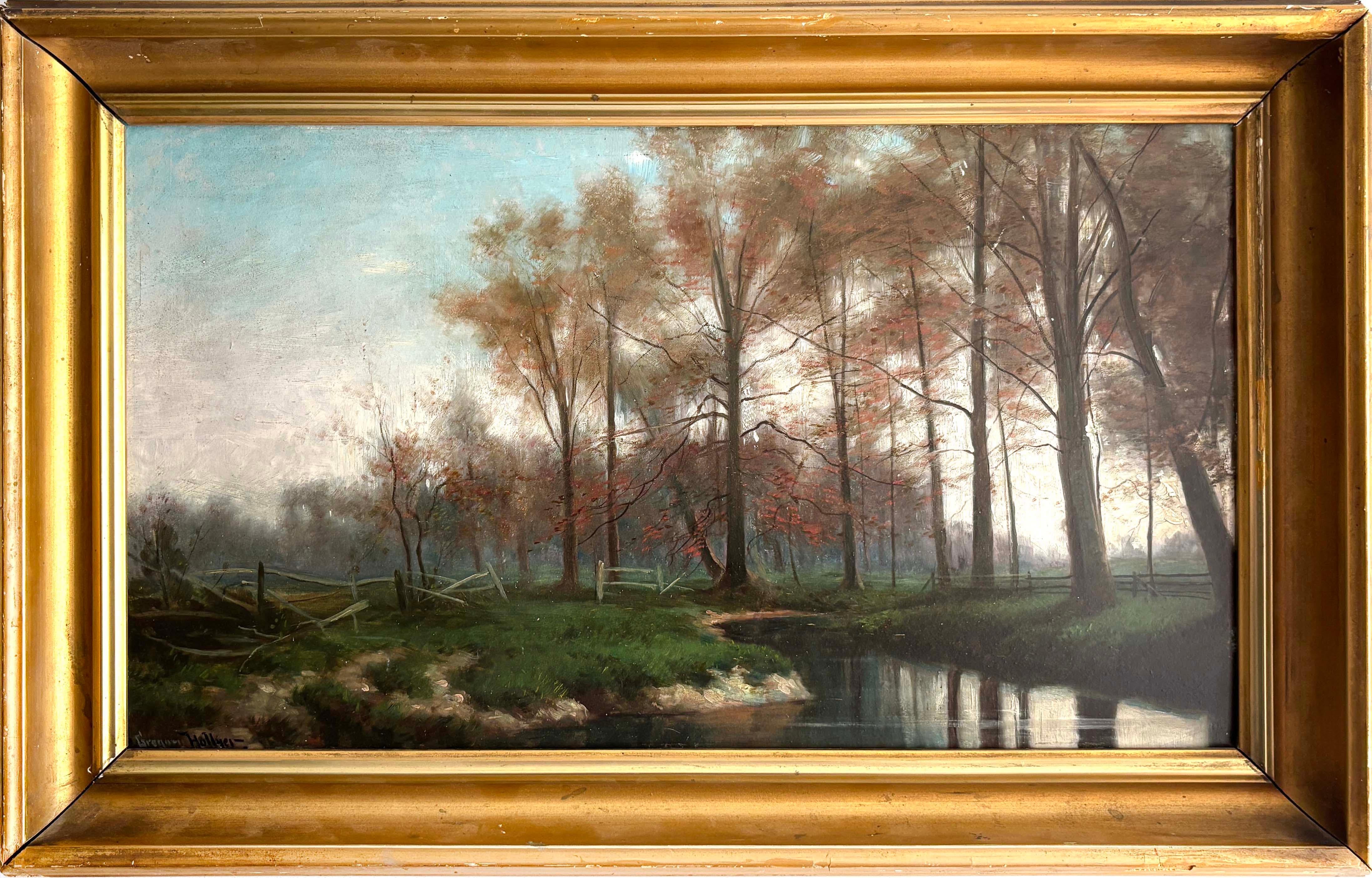 Superbe peinture à l'huile américaine ancienne Lake Original Frame Signed Illegibly Rare