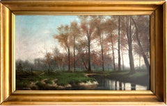 Stunning Antique American Oil Painting Lake Original Frame Signed Illegibly Rare